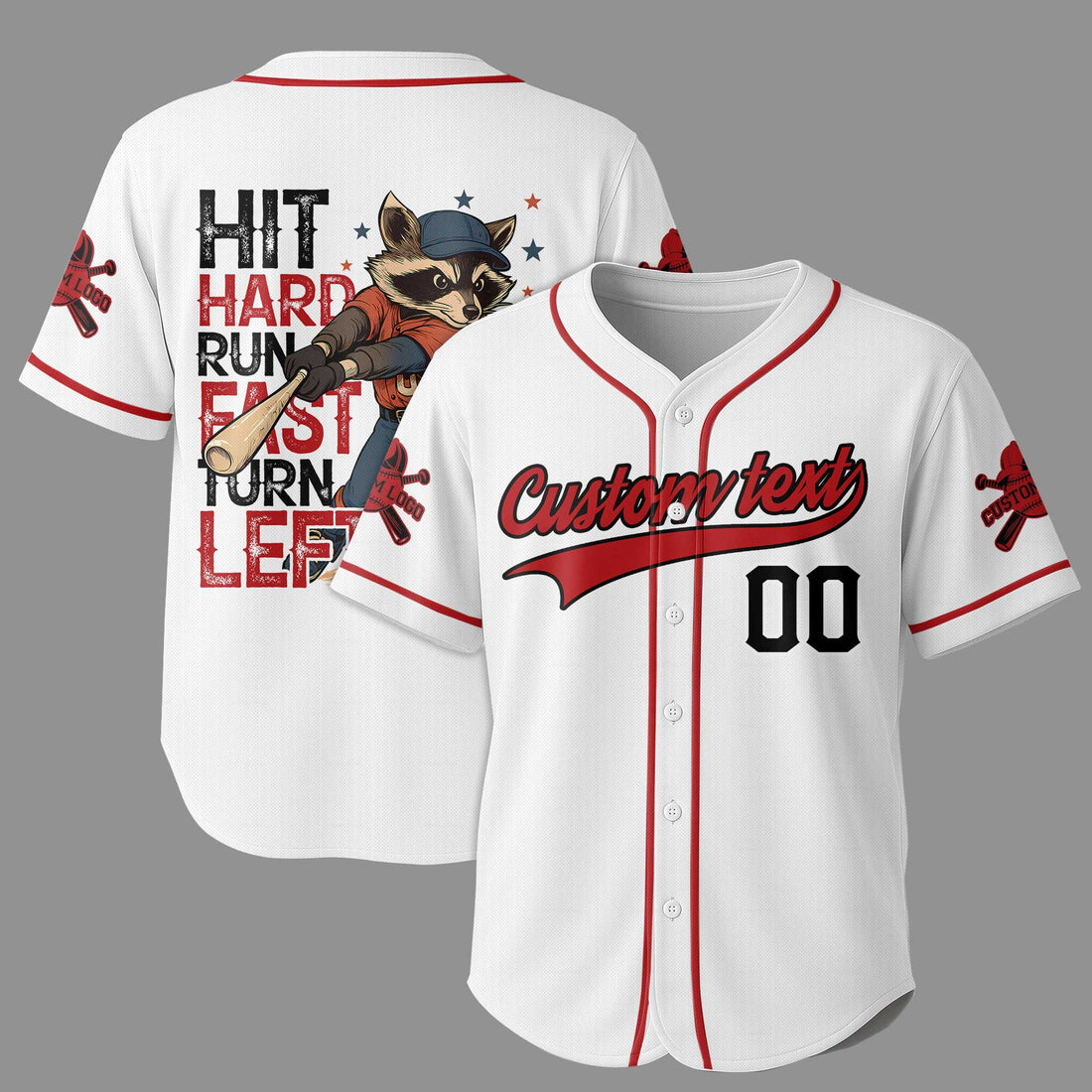 Hit Hard Run Fast Turn Left - Racoon Player  - Custom Baseball Jersey - Custom name, number - Baseball Lover