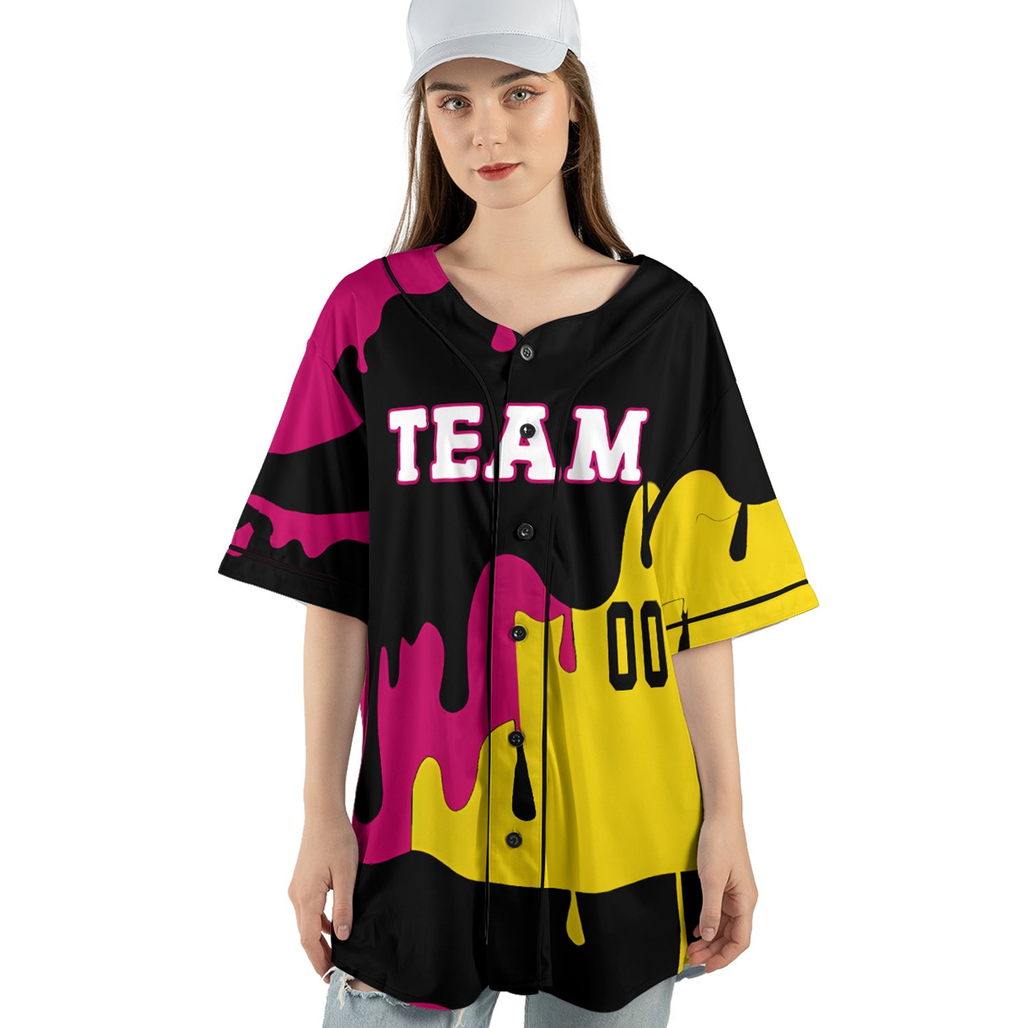 Custom Drip Art Baseball Jersey in Neon Yellow and Magenta on Black