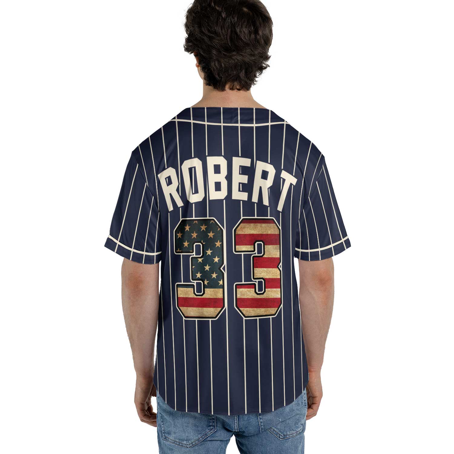 Personalized Navy Pinstripe Baseball Jersey – Vintage Style with USA Flag Number & Custom Name