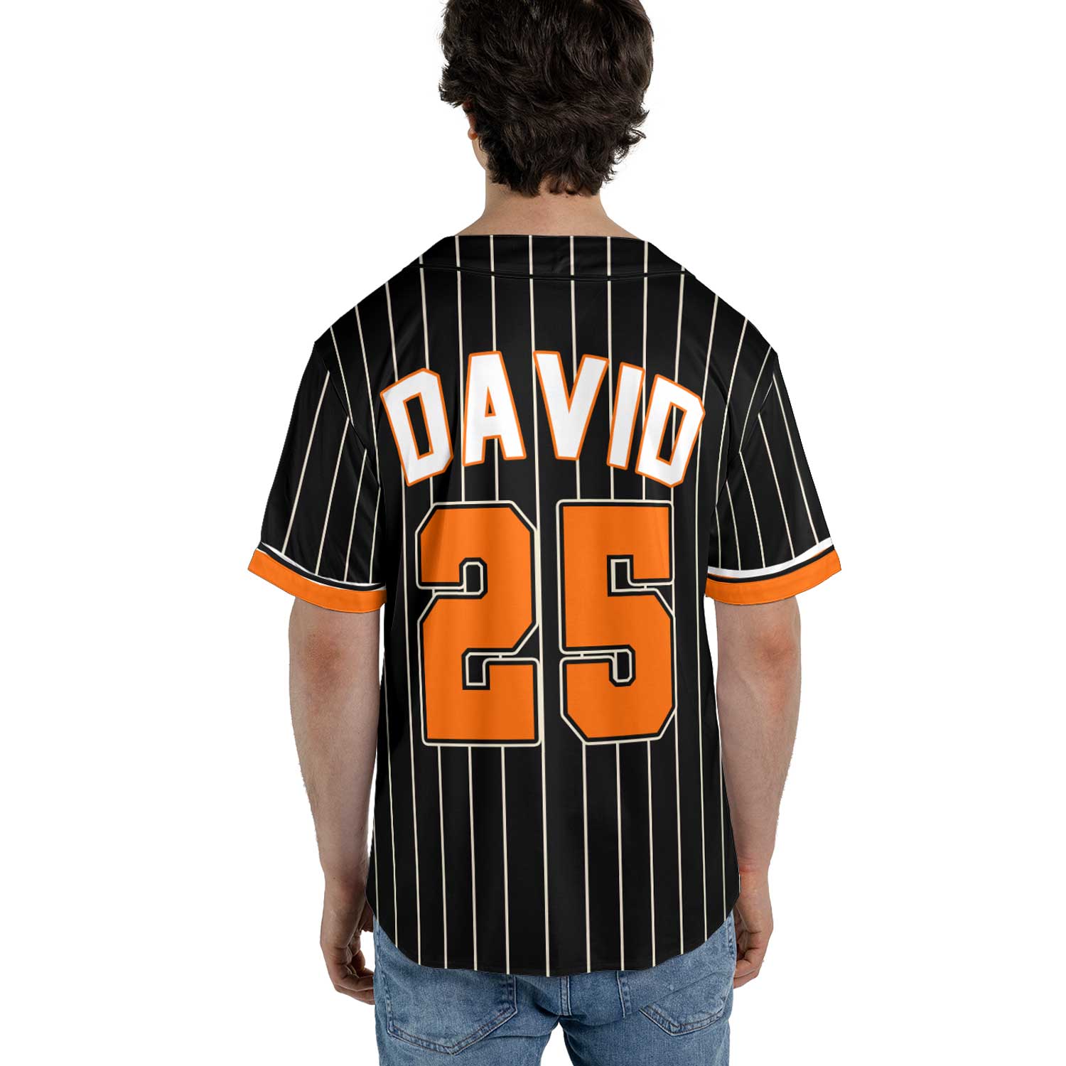 Custom Black Pinstripe Baseball Jersey – Orange Trim & Vintage Team Script