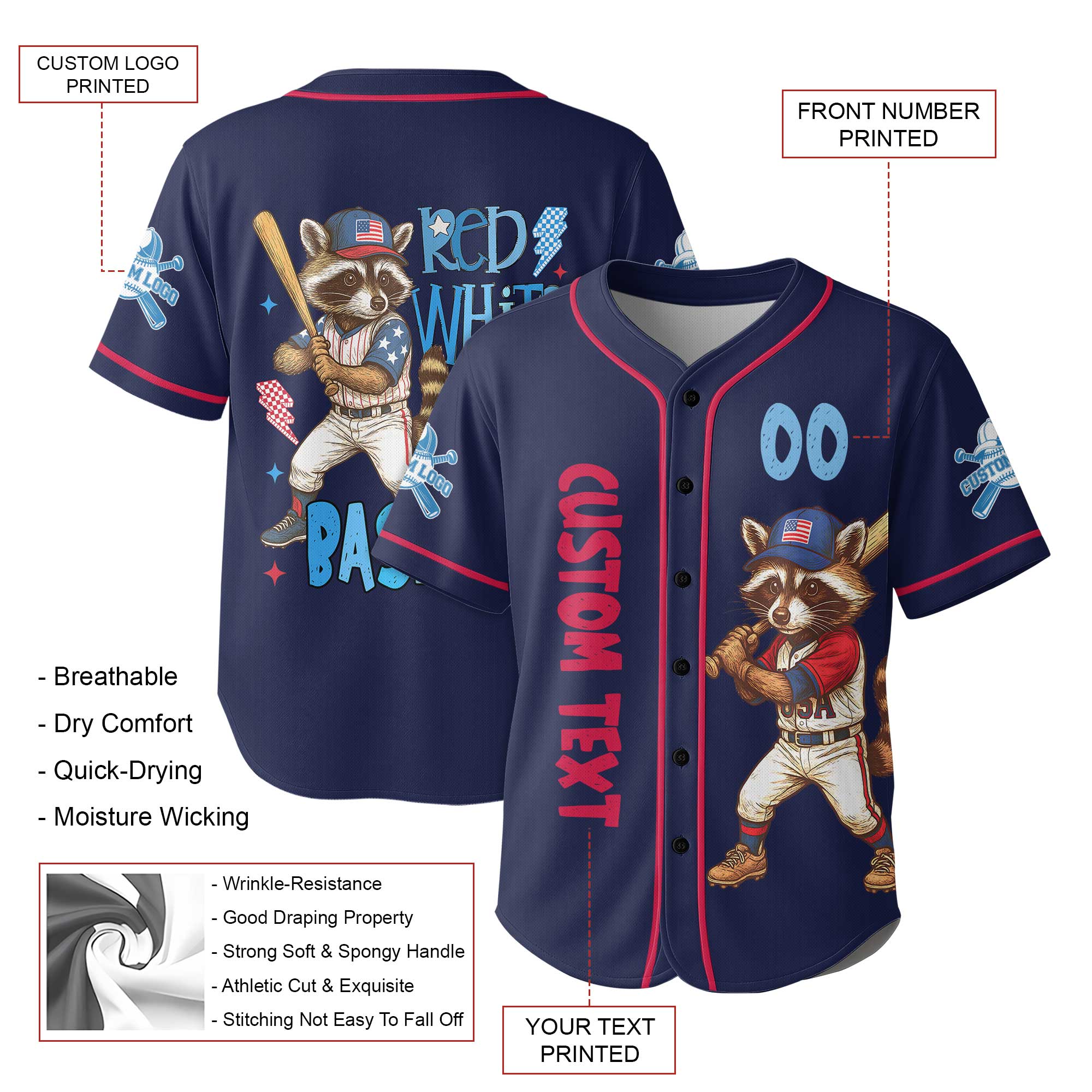 Red White, and Baseball - Racoon Baseball Player Navy - Personalized USA Baseball Jersey, Custom 4th of July Independence Day Patriotic