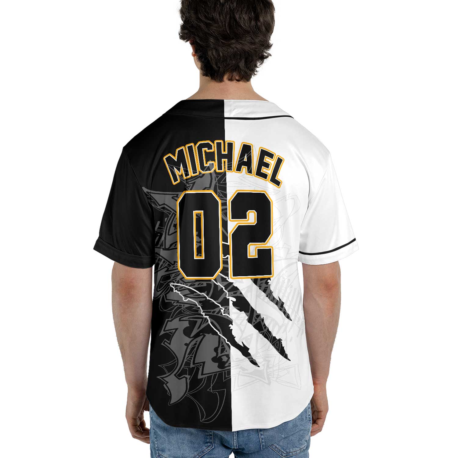 Custom Half-Black Half-White Graffiti Baseball Jersey – Streetwear Vibes with Old Gold Trim