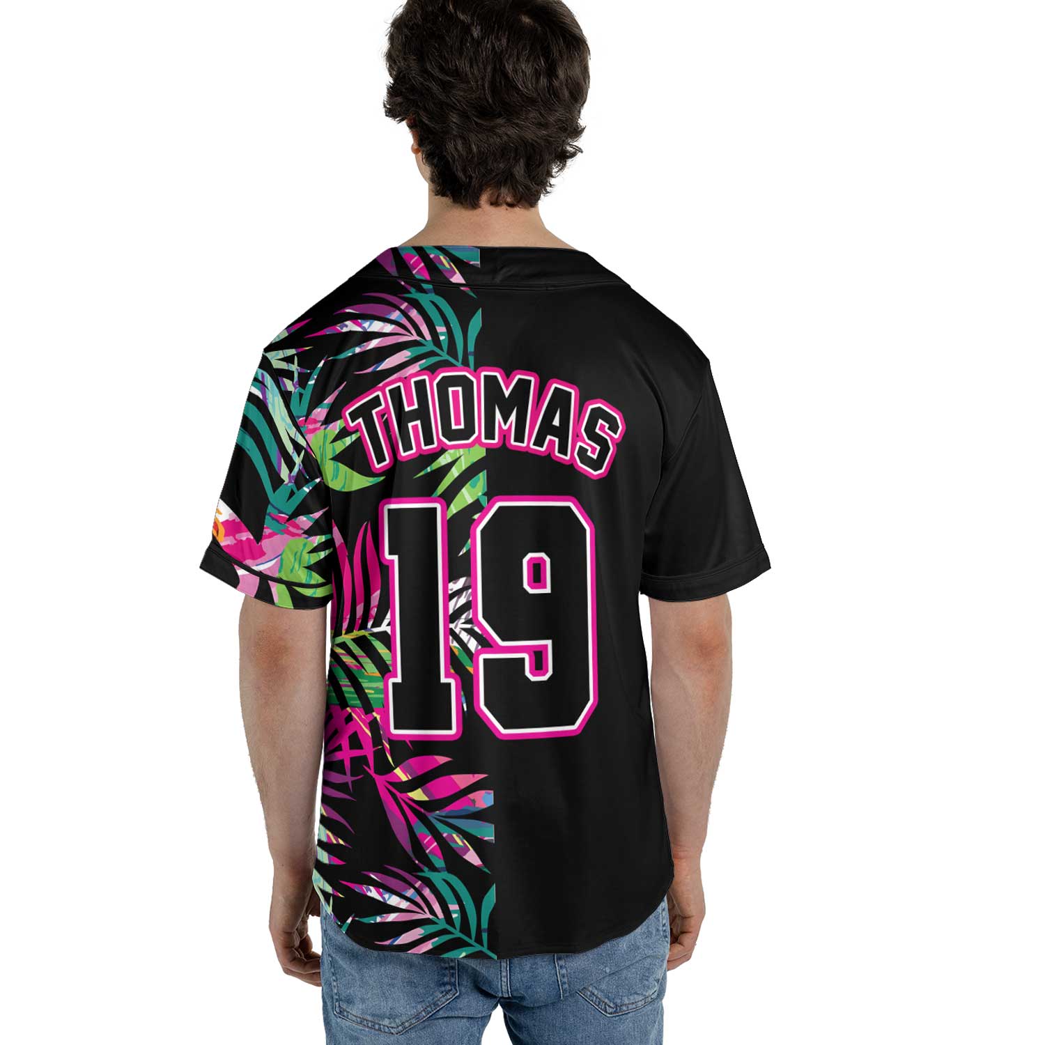 Custom Tropical Neon Baseball Jersey – Urban Outlaws Black Streetwear with Palm Leaf Print