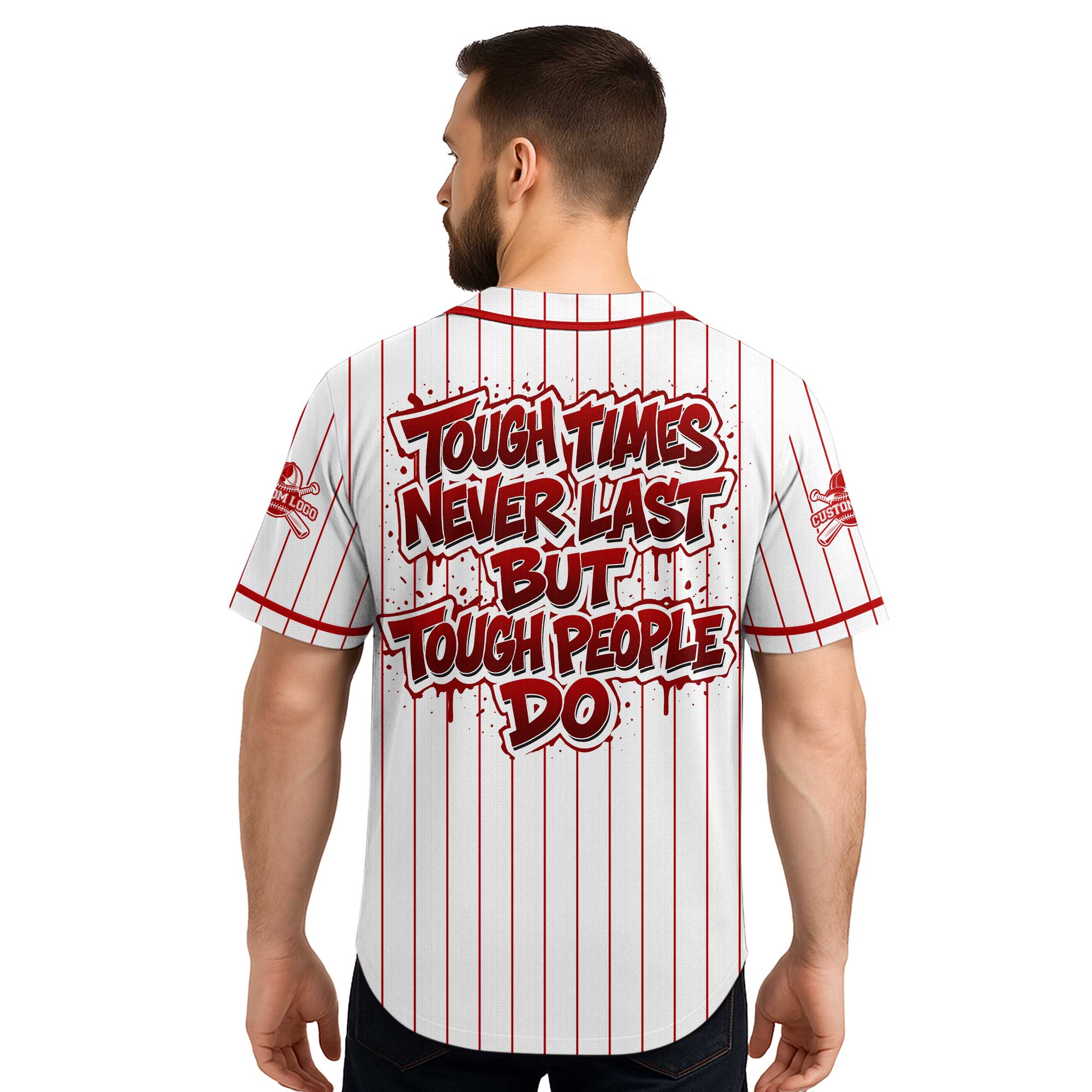 Custom Red Striped Baseball Jersey - Tough People Never Fall