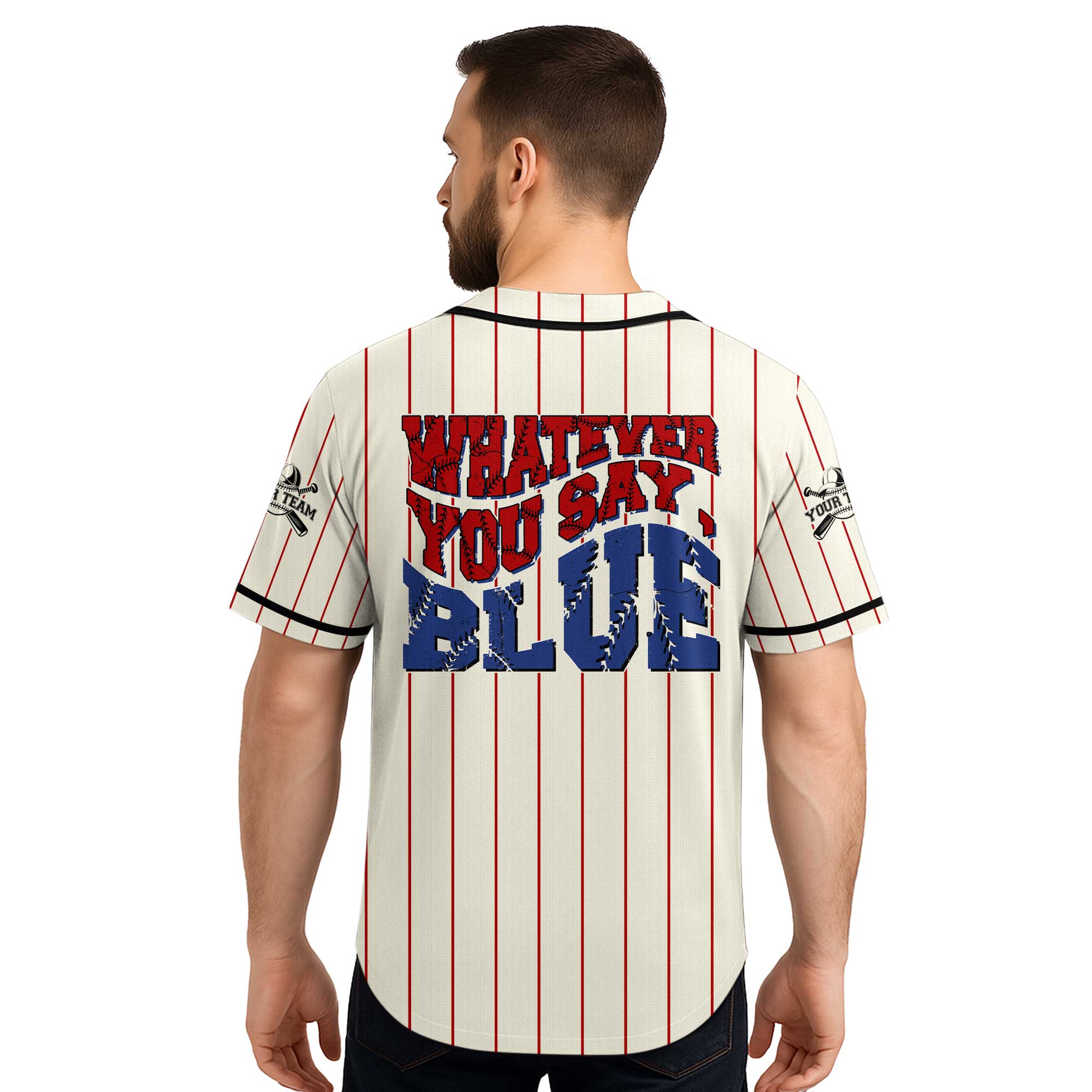 Whatever You Say Blue - Custom Cream with Red Stripes Baseball Jersey