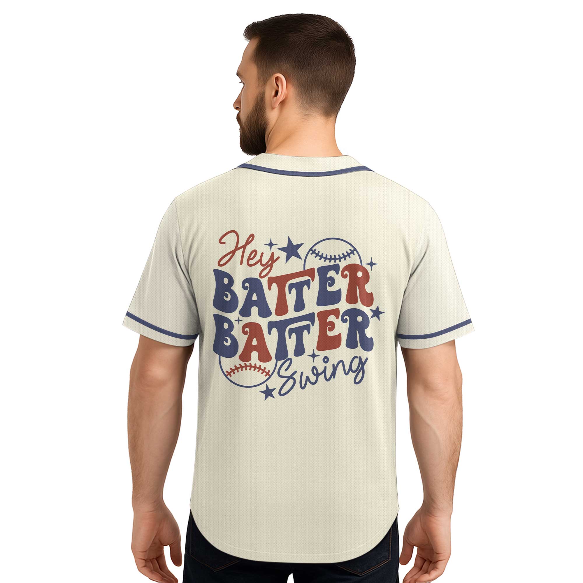 Hey Batter Batter Swing - Custom Cream Navy Baseball Jersey