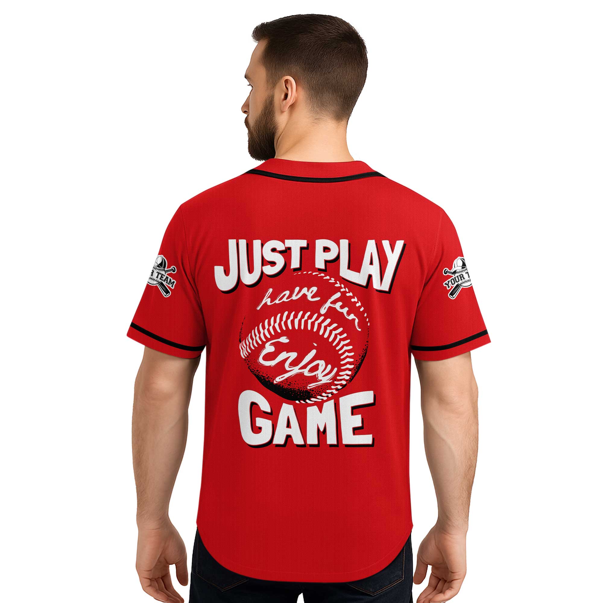 Just Have Fun And Enjoy The Game - Custom Red Black Baseball Jersey