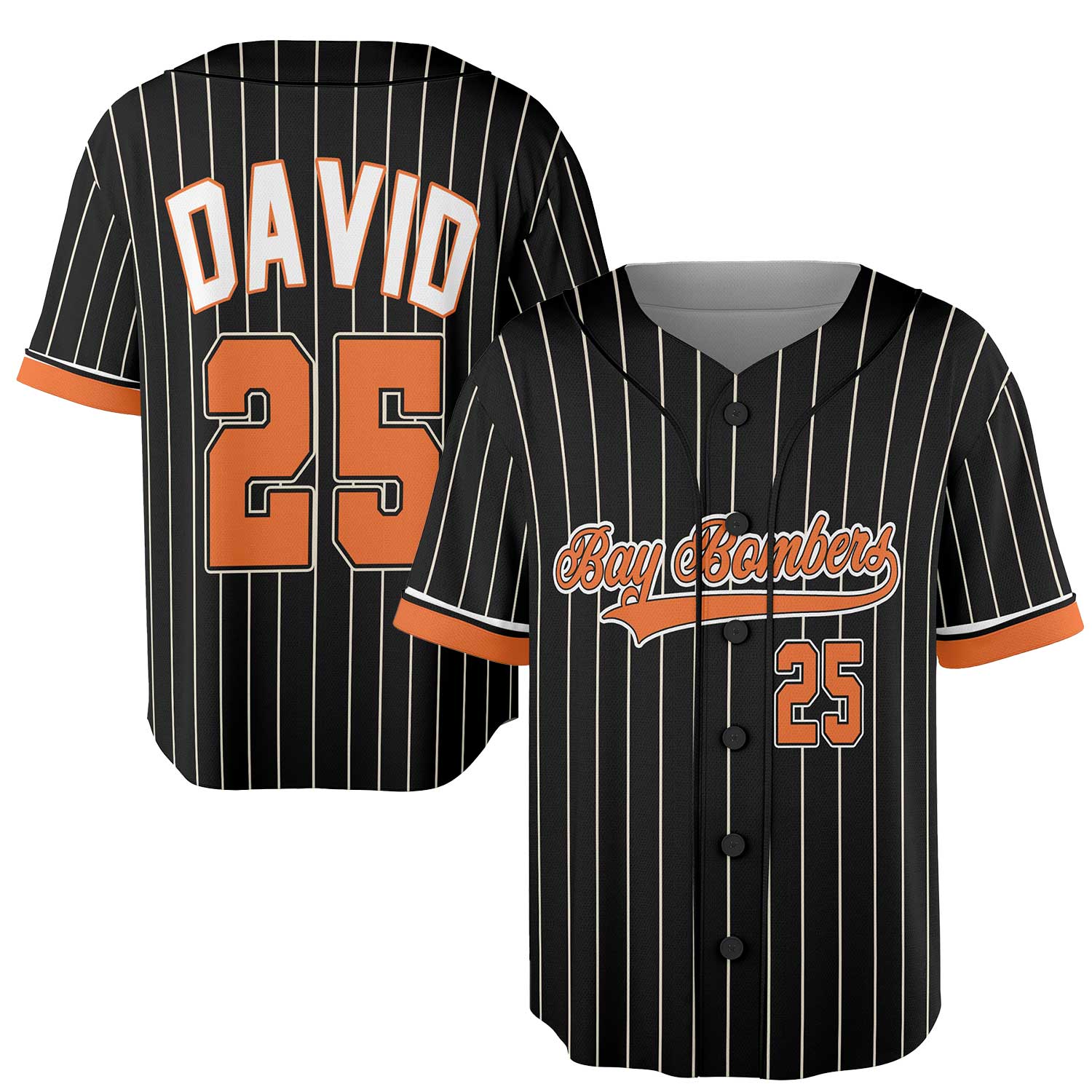 Custom Black Pinstripe Baseball Jersey – Orange Trim & Vintage Team Script