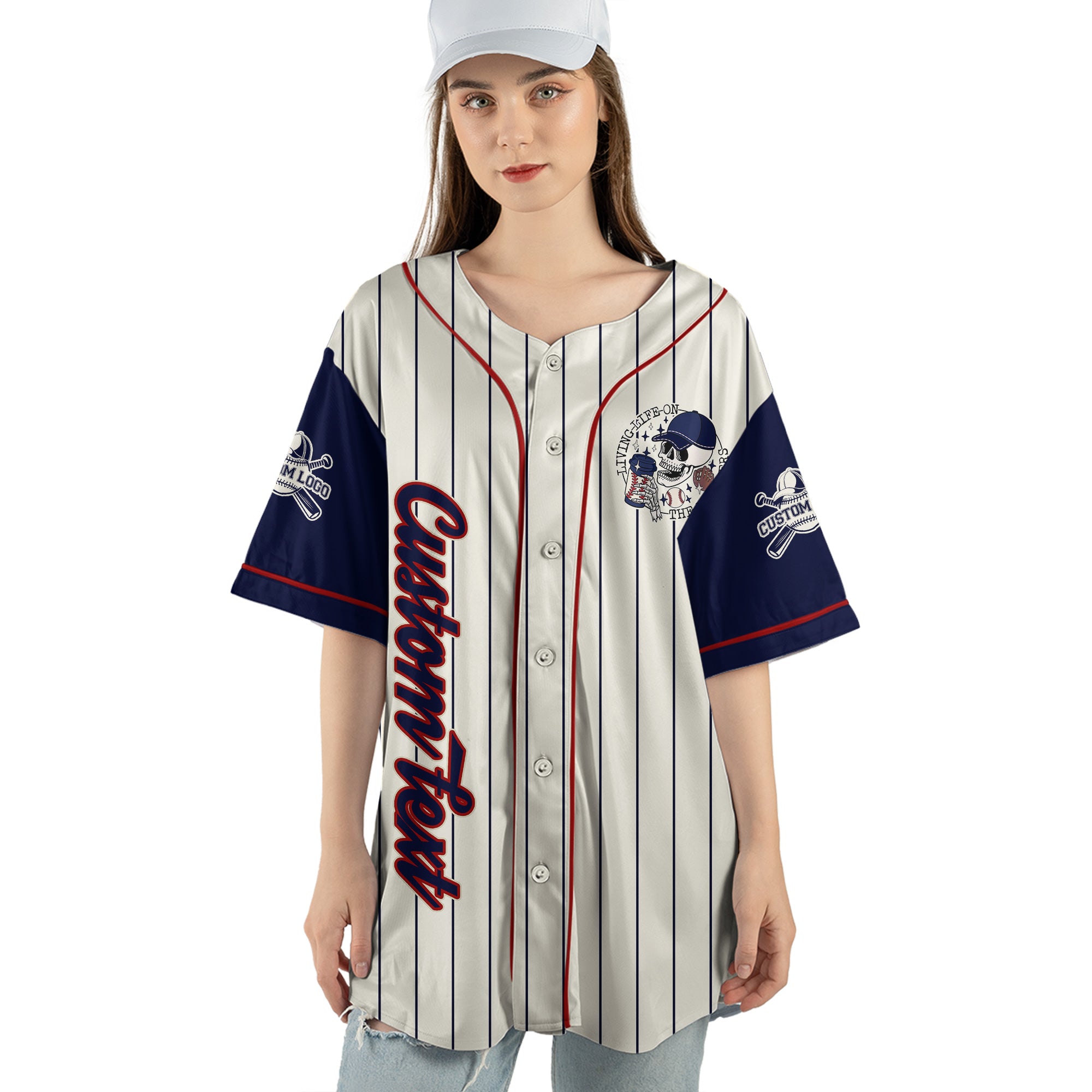 Living Life on the Blechers  - Custom Baseball Jersey - Custom name, number - Baseball Lover -  Cream Navy Pinstripe
