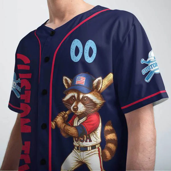 Red White, and Baseball - Racoon Baseball Player Navy - Personalized USA Baseball Jersey, Custom 4th of July Independence Day Patriotic