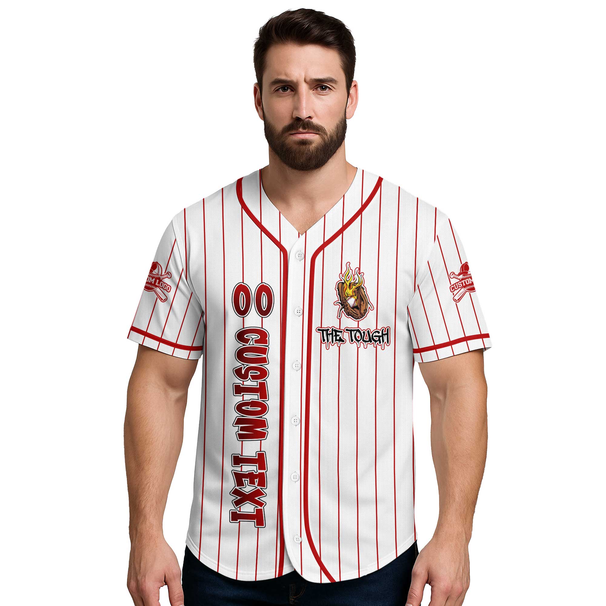 Custom Red Striped Baseball Jersey - Tough People Never Fall