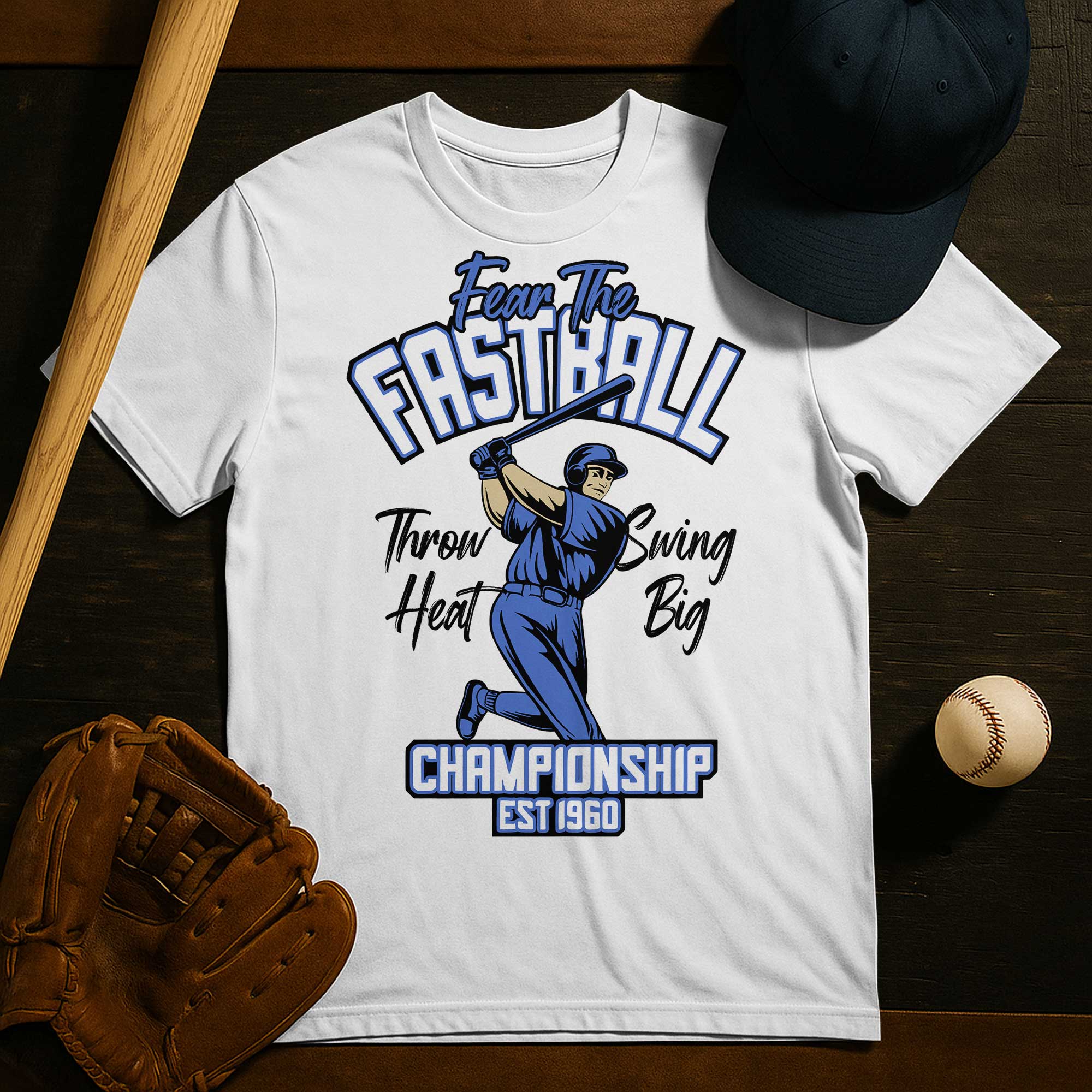 Throw Heat Swing Big White Light Blue Baseball T-Shirt