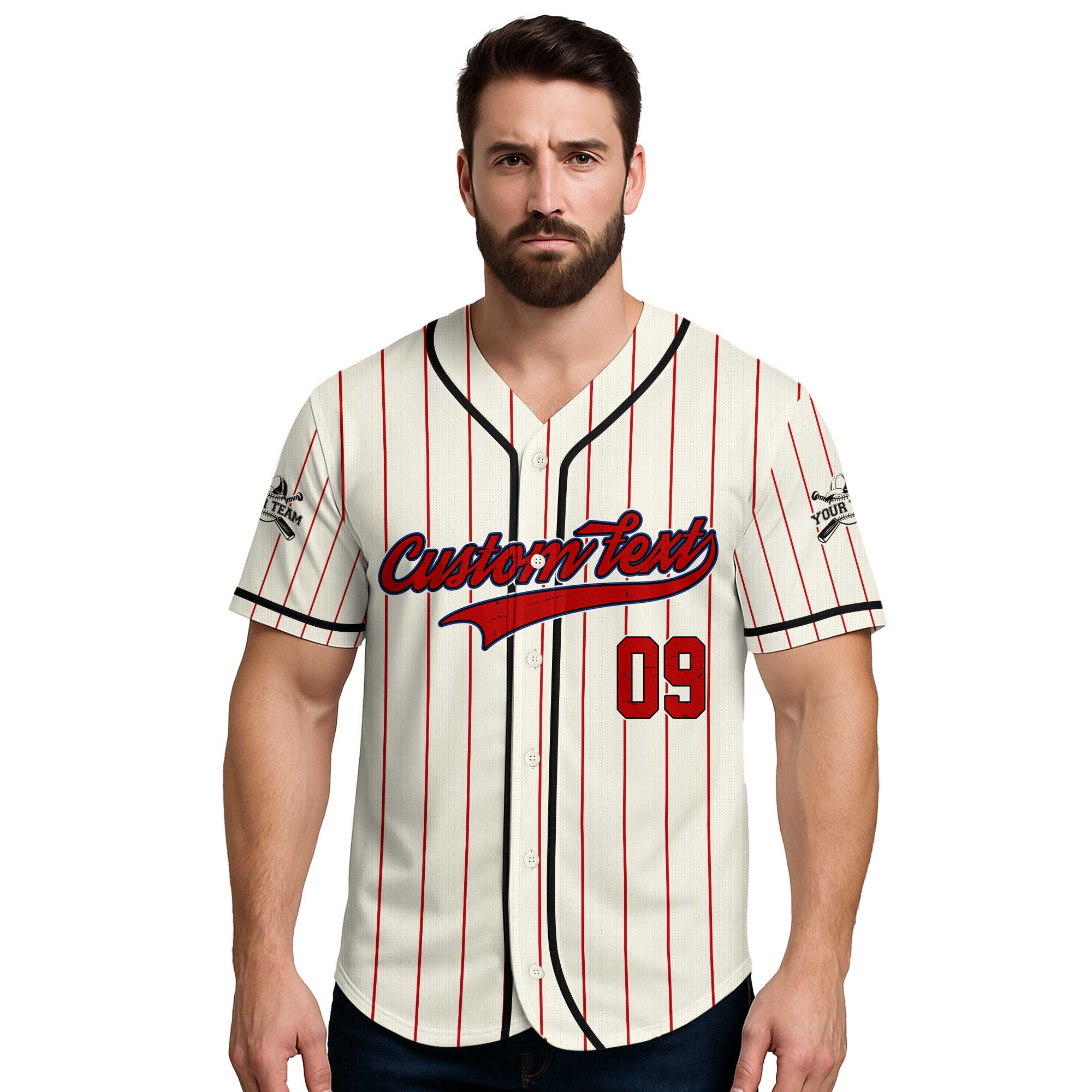 Whatever You Say Blue - Custom Cream with Red Stripes Baseball Jersey