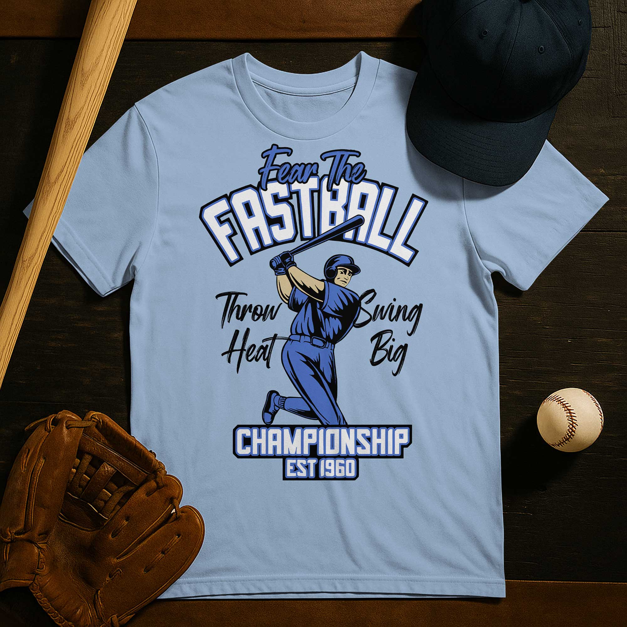 Throw Heat Swing Big White Light Blue Baseball T-Shirt