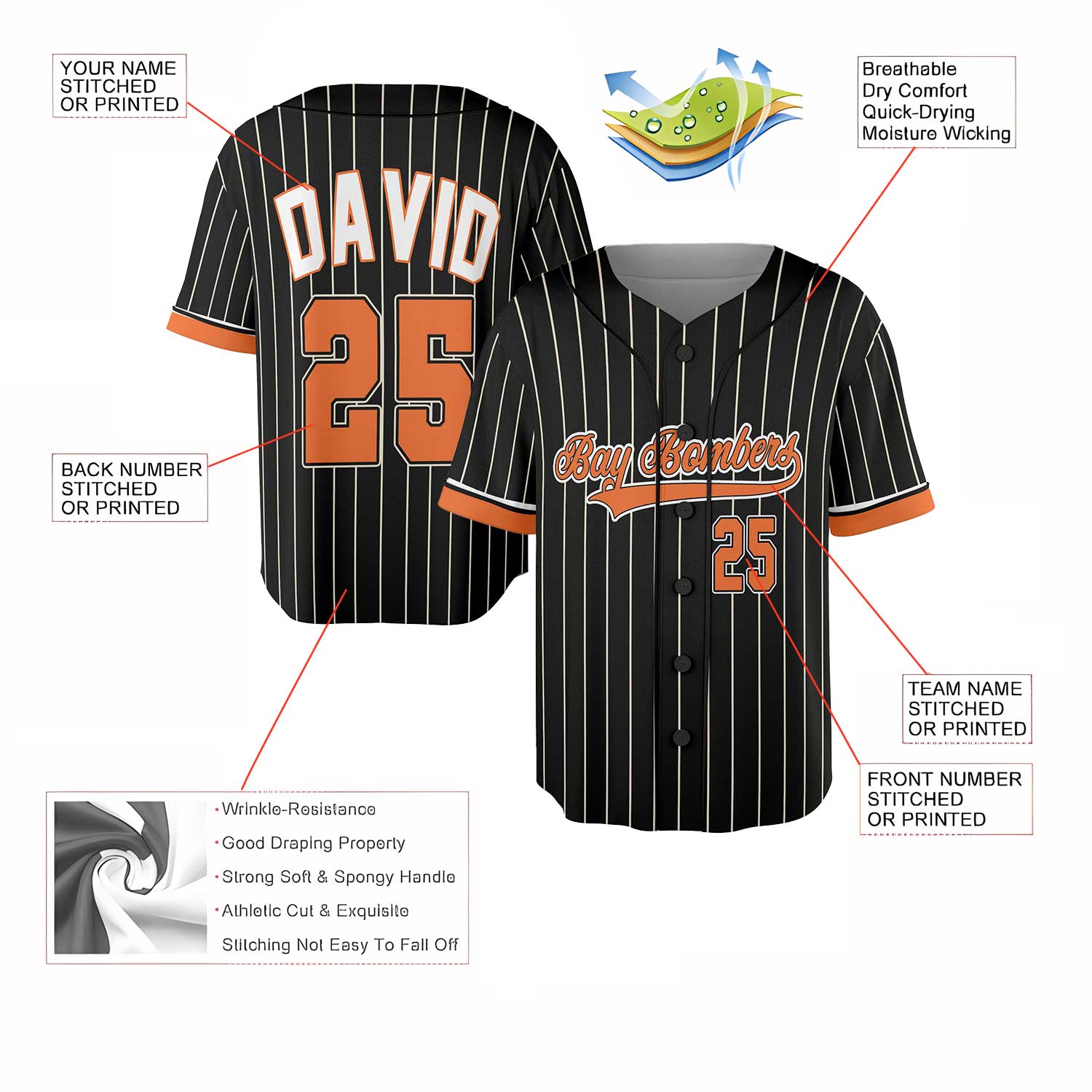 Custom Black Pinstripe Baseball Jersey – Orange Trim & Vintage Team Script