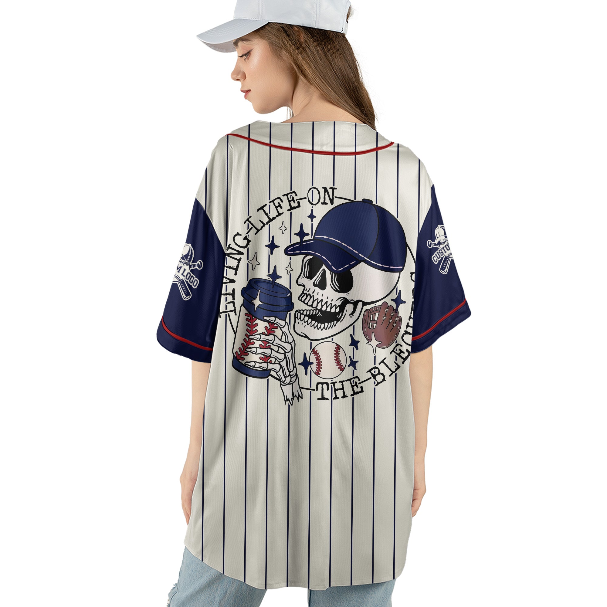 Living Life on the Blechers  - Custom Baseball Jersey - Custom name, number - Baseball Lover -  Cream Navy Pinstripe