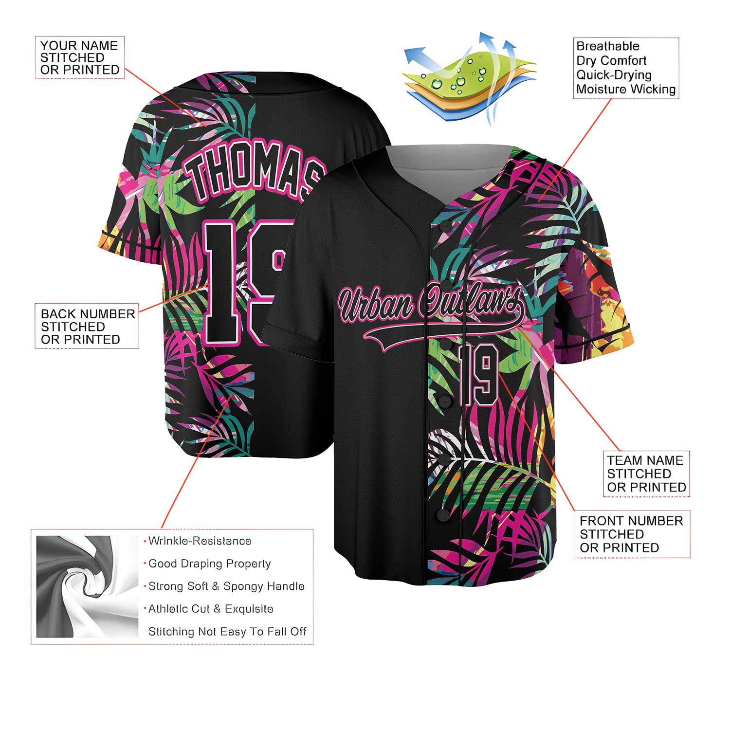 Custom Tropical Neon Baseball Jersey – Urban Outlaws Black Streetwear with Palm Leaf Print
