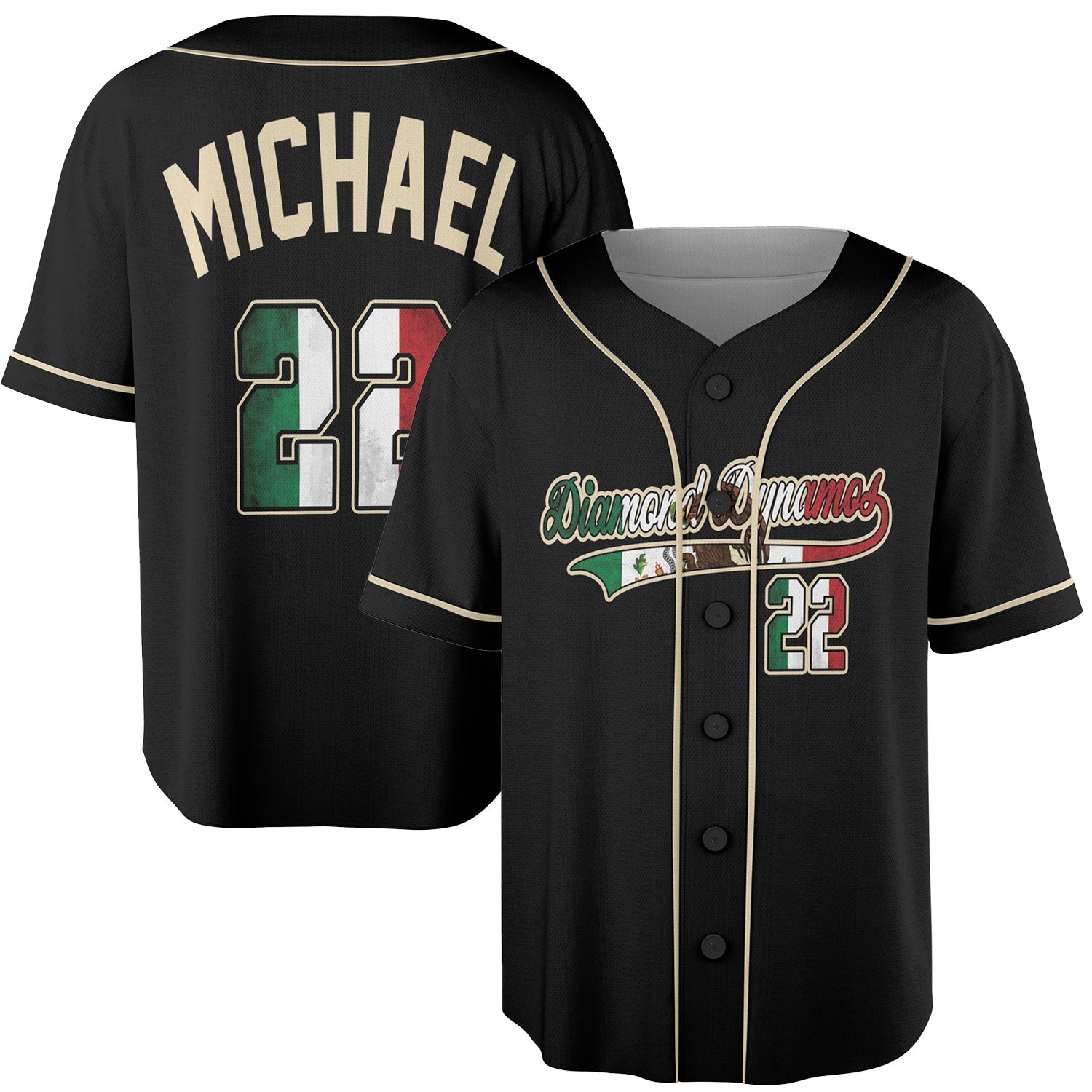 Custom Black Cream Baseball Jersey – Mexican Flag Number Detail, 3D Heritage Design