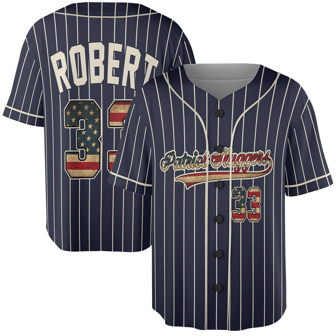 Personalized Navy Pinstripe Baseball Jersey – Vintage Style with USA Flag Number & Custom Name