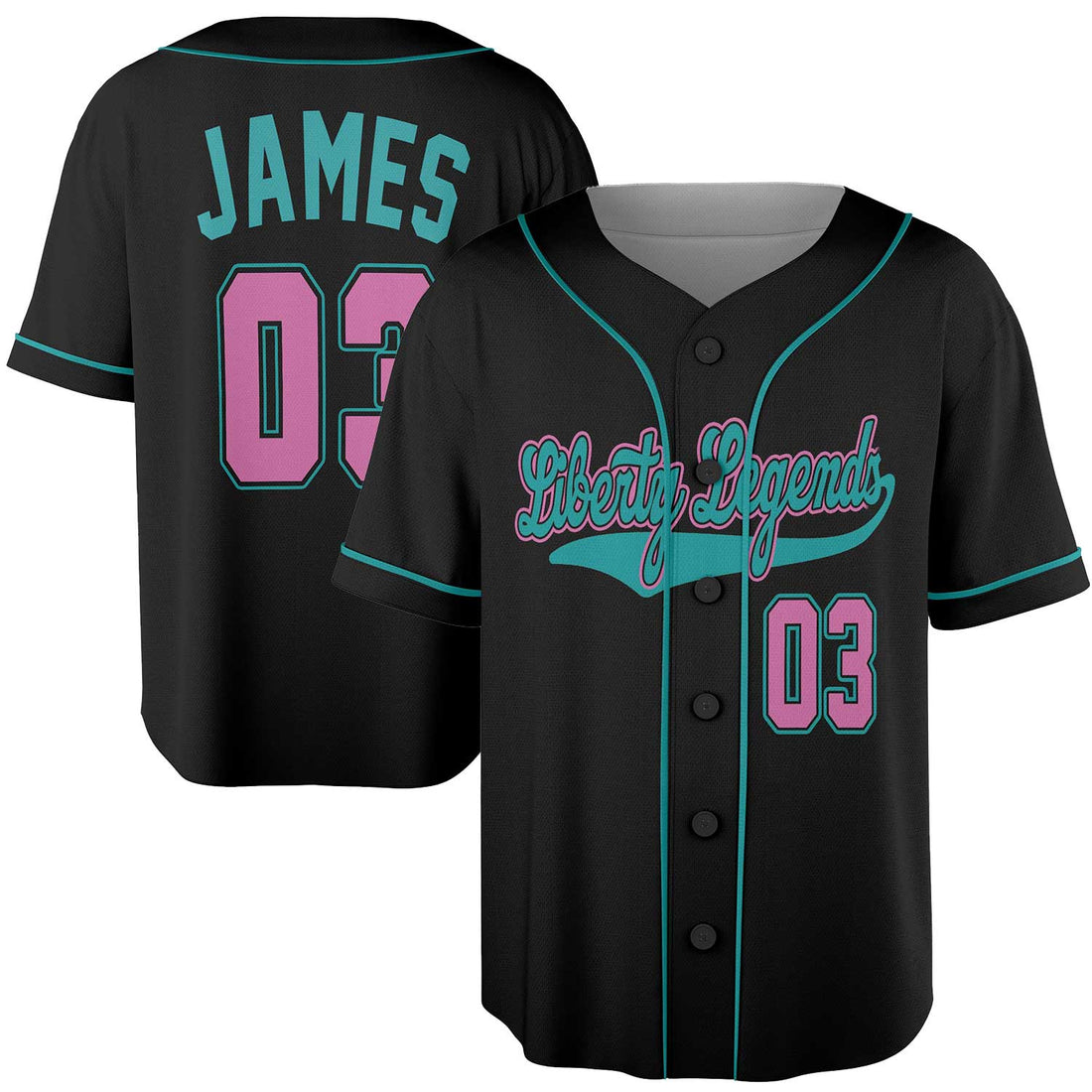 Liberty Legends Custom Baseball Jersey – Black Retro Style with Teal & Pink Trim