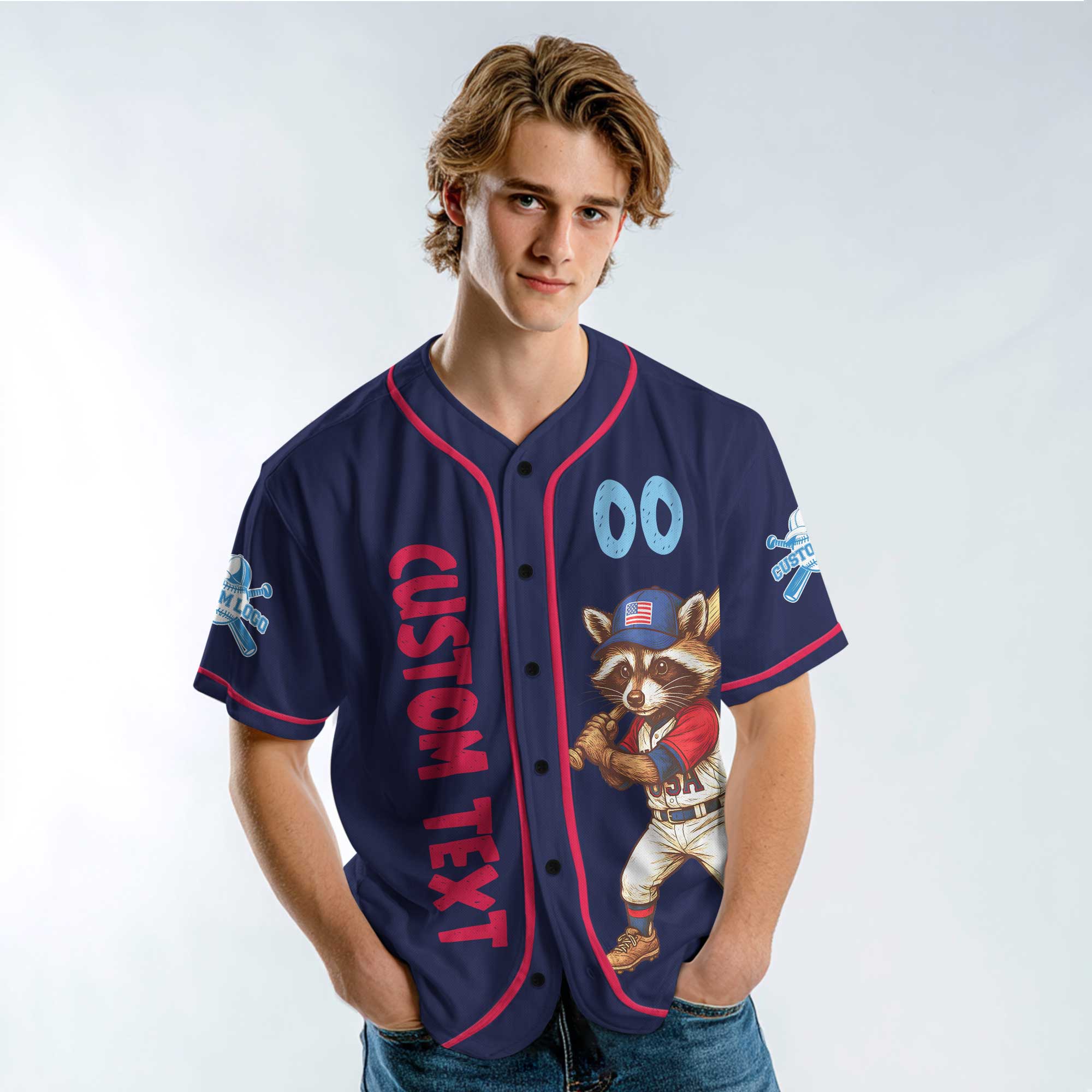 Red White, and Baseball - Racoon Baseball Player Navy - Personalized USA Baseball Jersey, Custom 4th of July Independence Day Patriotic
