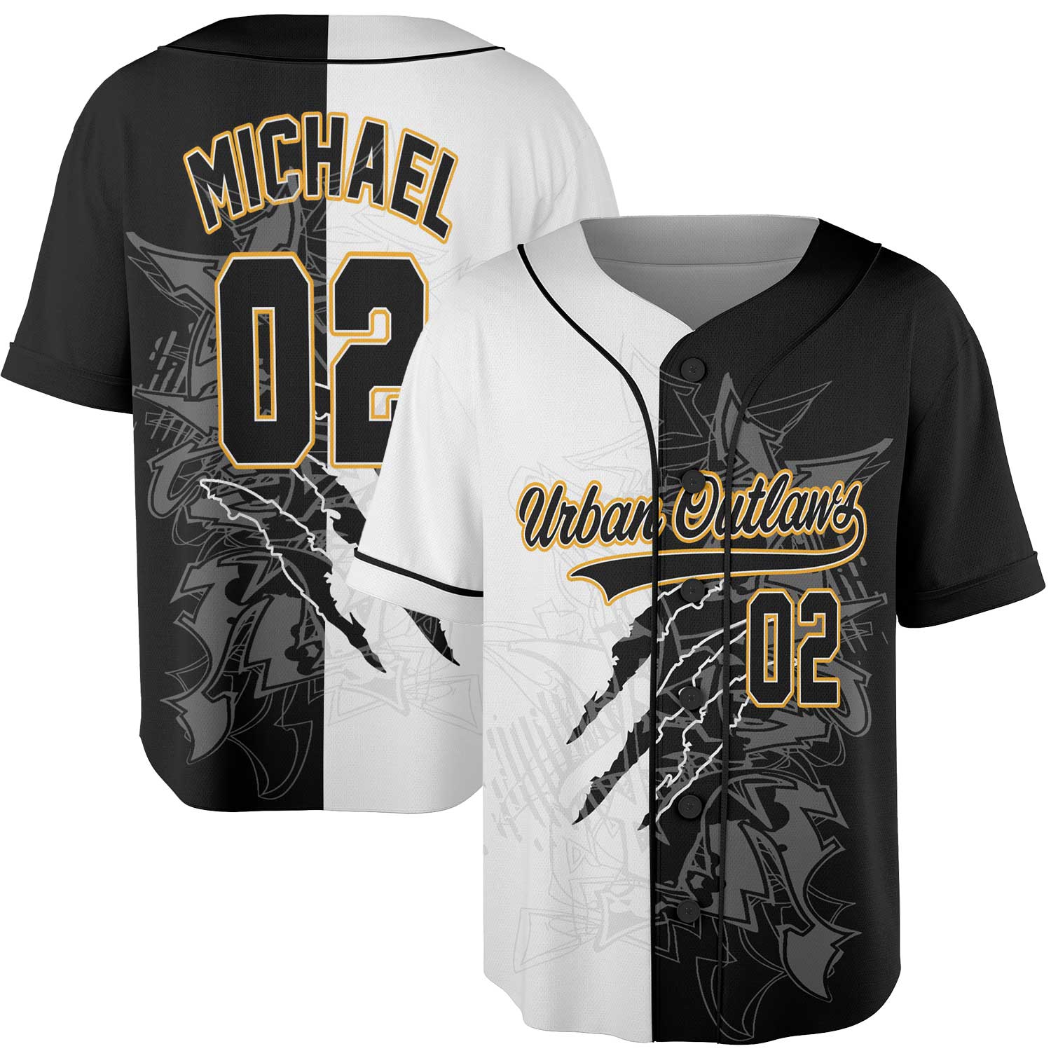 Custom Half-Black Half-White Graffiti Baseball Jersey – Streetwear Vibes with Old Gold Trim