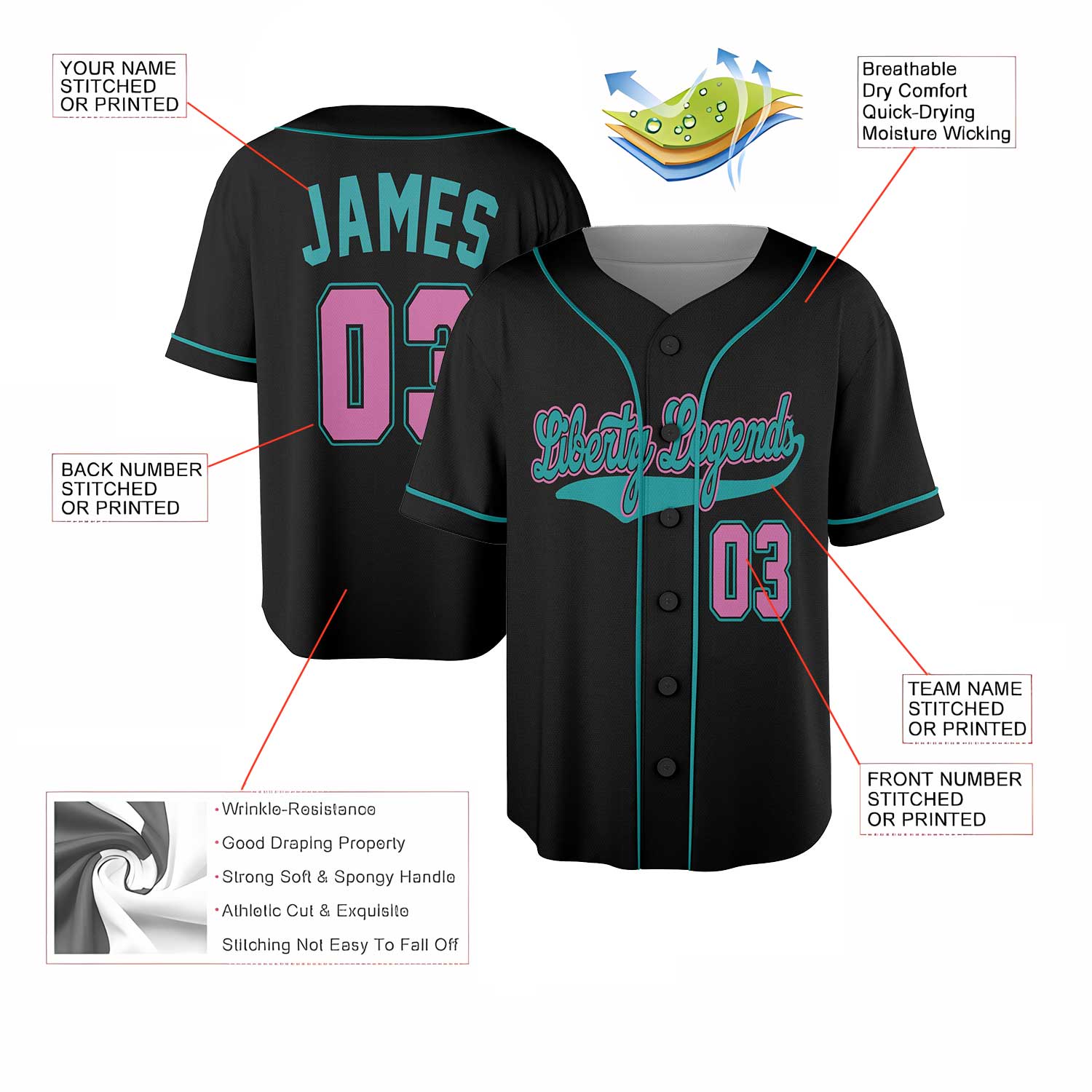 Liberty Legends Custom Baseball Jersey – Black Retro Style with Teal & Pink Trim