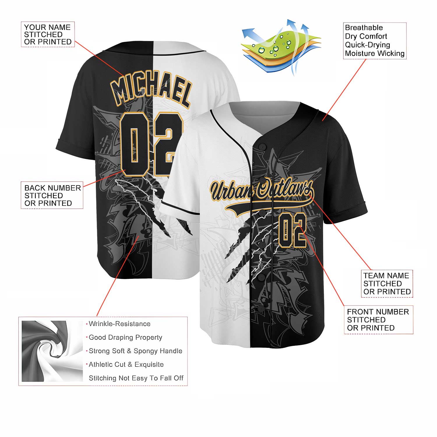 Custom Half-Black Half-White Graffiti Baseball Jersey – Streetwear Vibes with Old Gold Trim