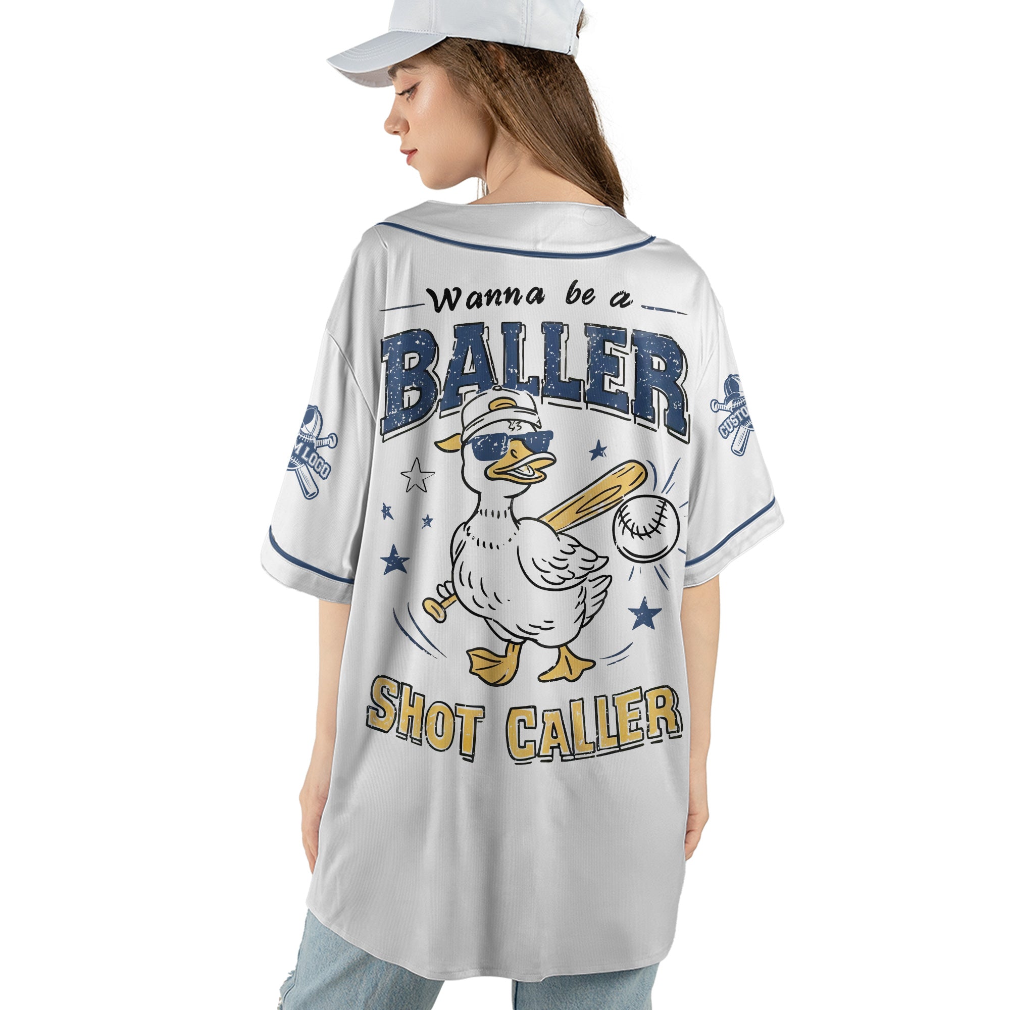 Wanna Be A Baller Shot Caller - Custom White Blue Baseball Jersey