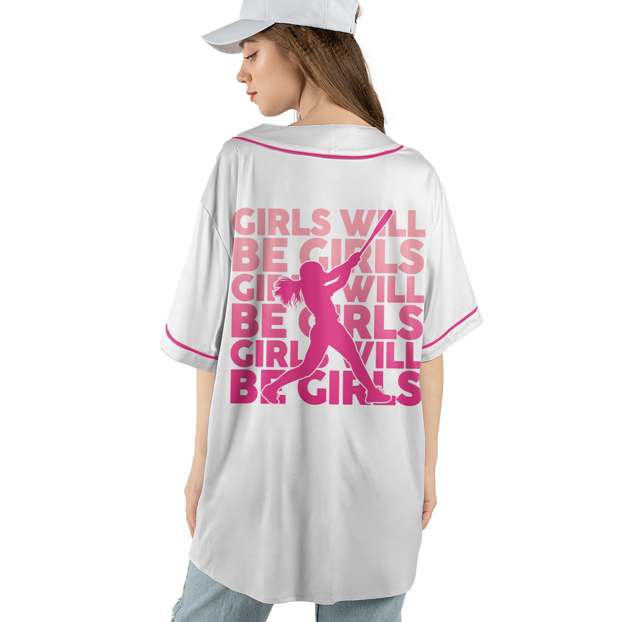 Girls Will Be Girls - Custom White Pink Baseball Jersey