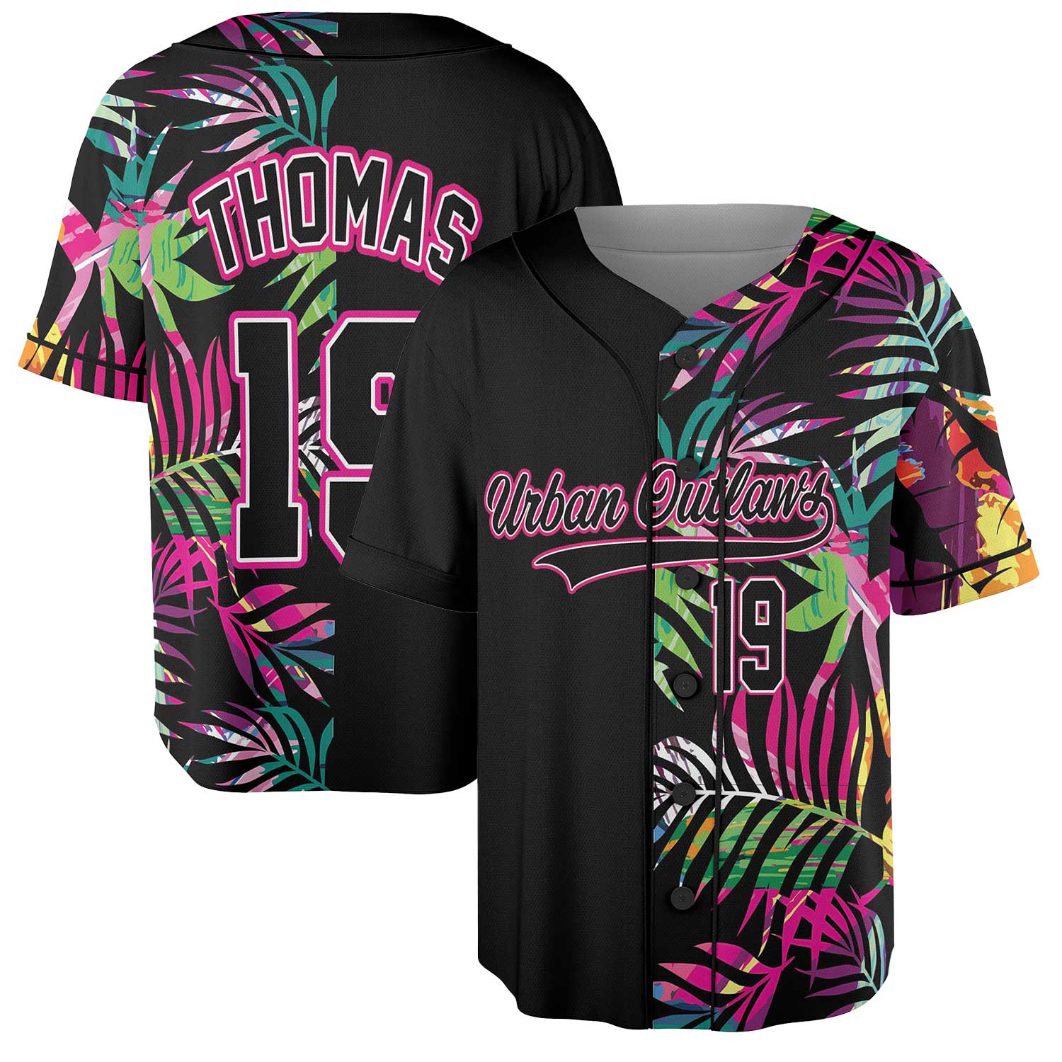 Custom Tropical Neon Baseball Jersey – Urban Outlaws Black Streetwear with Palm Leaf Print