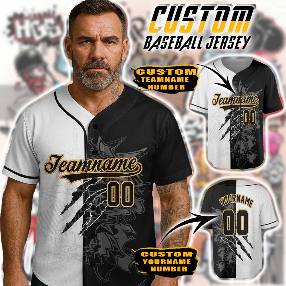 Custom Half-Black Half-White Graffiti Baseball Jersey – Streetwear Vibes with Old Gold Trim