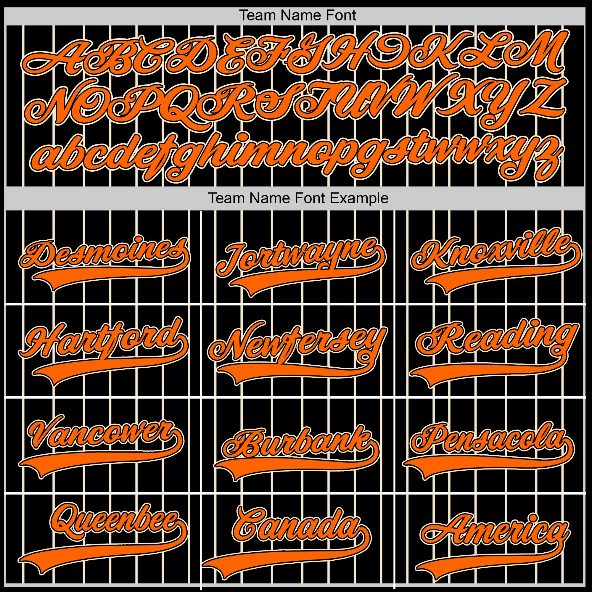 Custom Black Pinstripe Baseball Jersey – Orange Trim & Vintage Team Script