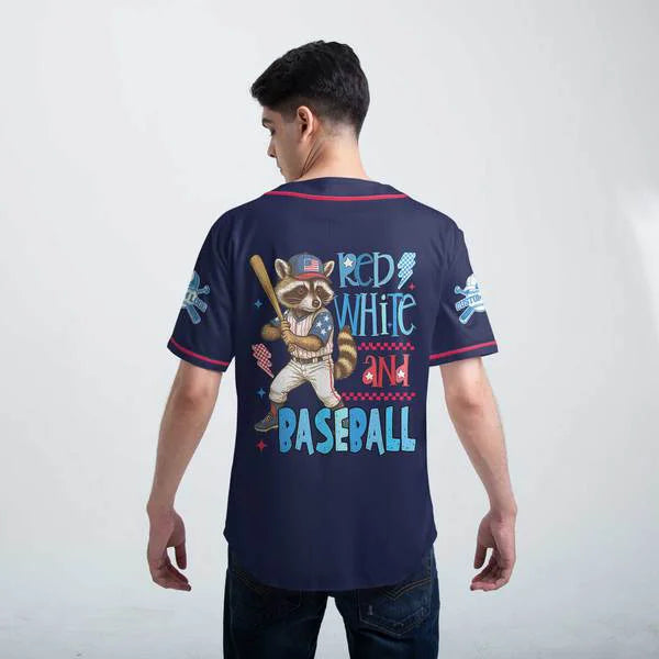 Red White, and Baseball - Racoon Baseball Player Navy - Personalized USA Baseball Jersey, Custom 4th of July Independence Day Patriotic