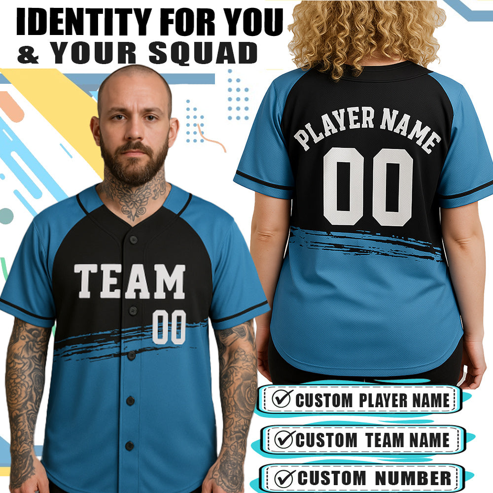 Custom Sky Blue and Black Brushstroke Baseball Jersey
