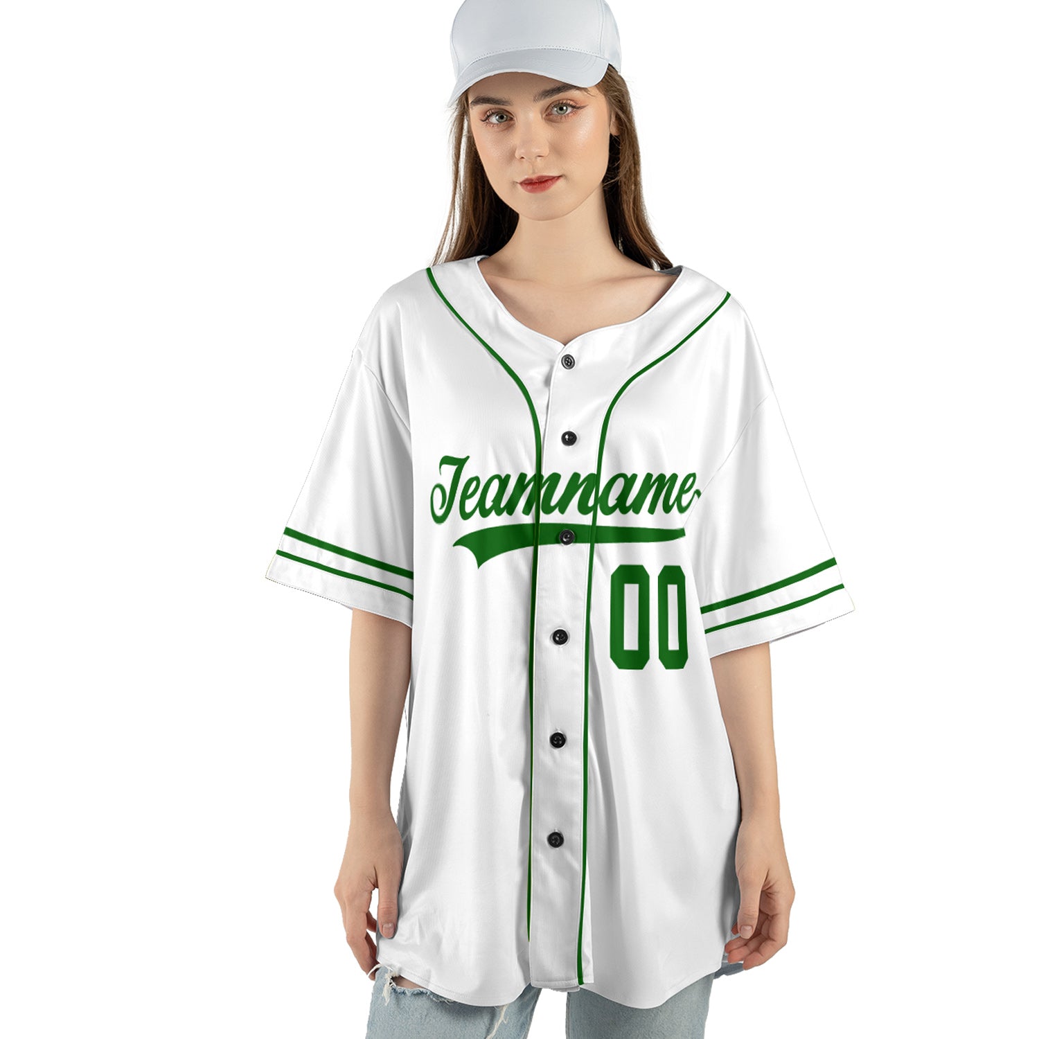 Custom White Baseball Jersey – Classic Green Trim Minimalist Edition