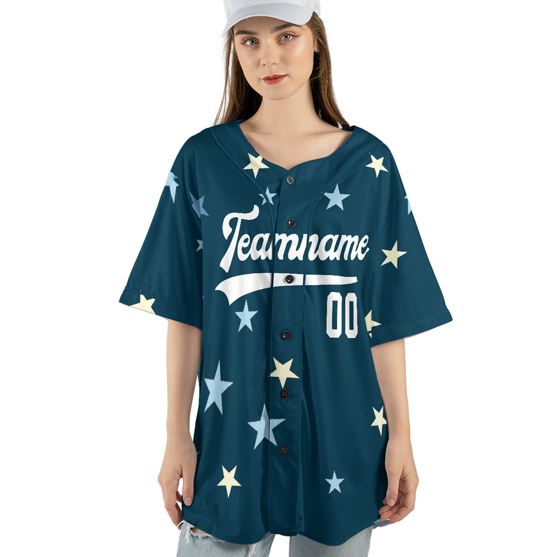 Custom Starry Sky Baseball Jersey in Deep Teal and Pastel Tones