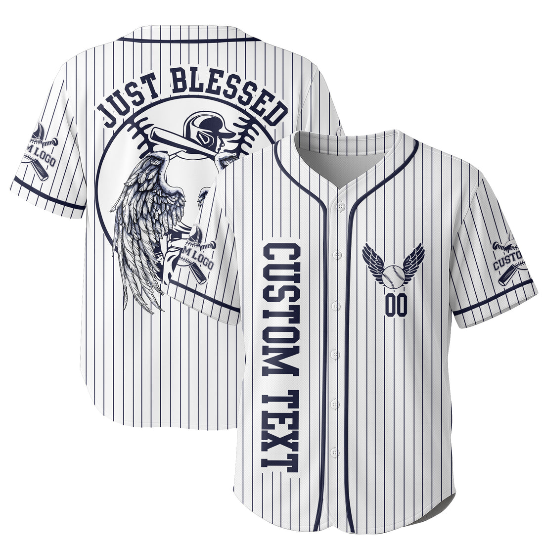 Custom White Navy Pinstripes Baseball Jersey - Just Blessed