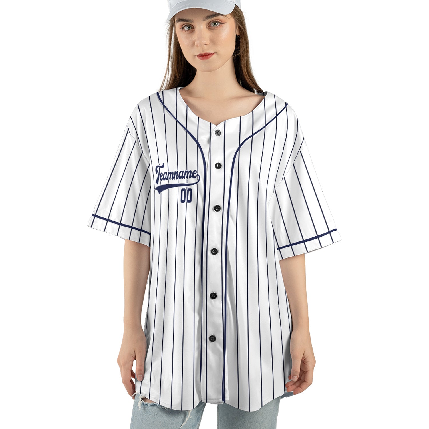 Custom Baseball Jersey – Classic Pinstripe White (Custom Name, Team & Logo)