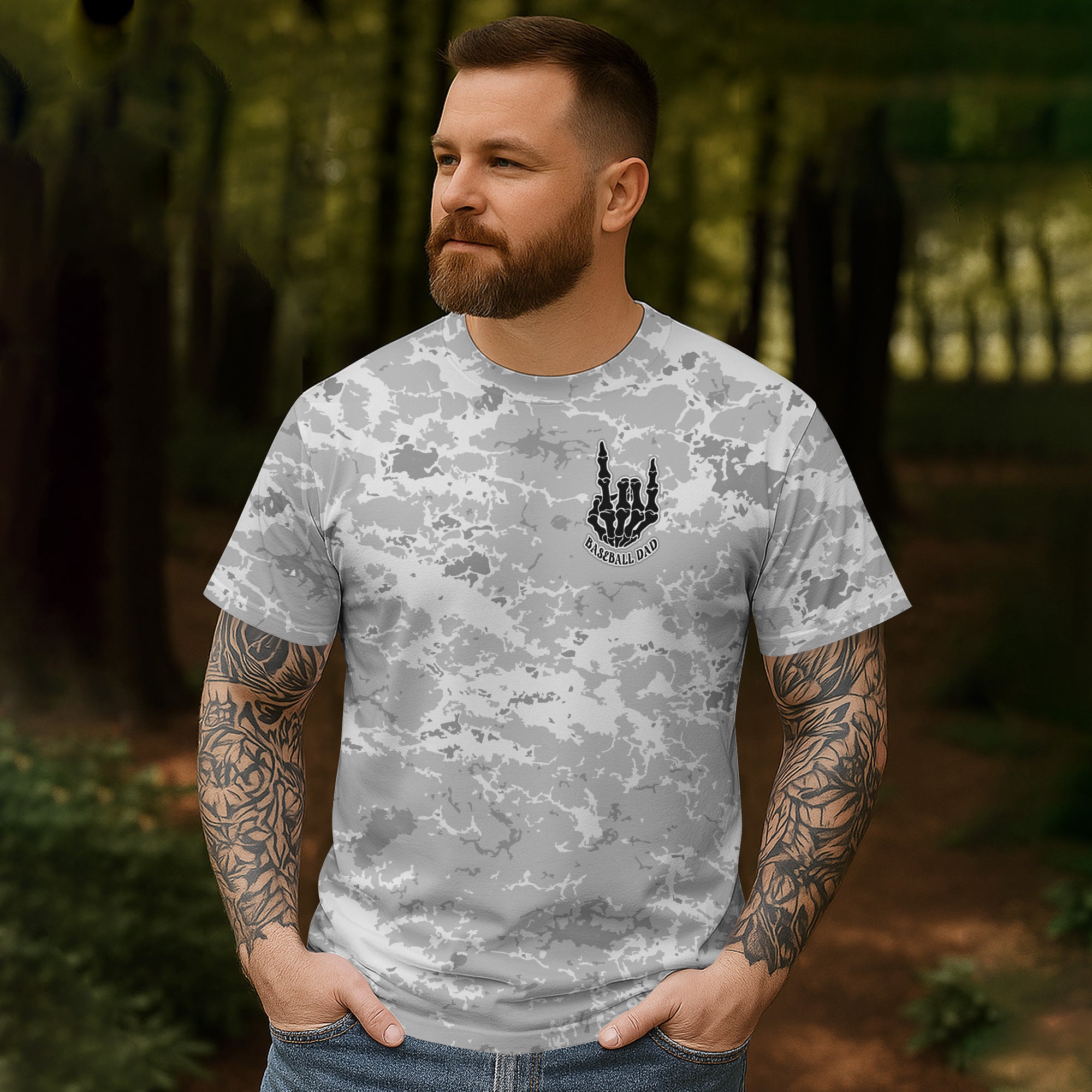 Fatherhood - Some Days I Rock It, Some Days It Rocks Me, Either Way We're Rockin All Over Print T-Shirt