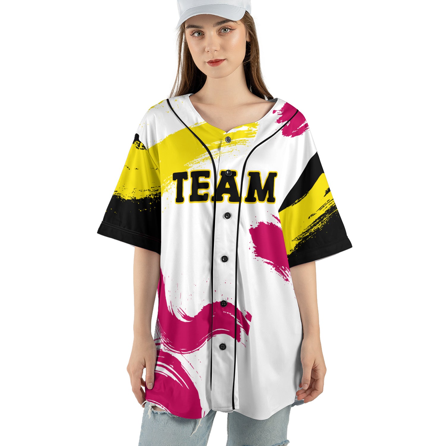 Custom White Baseball Jersey with Neon Yellow and Magenta Paint Strokes