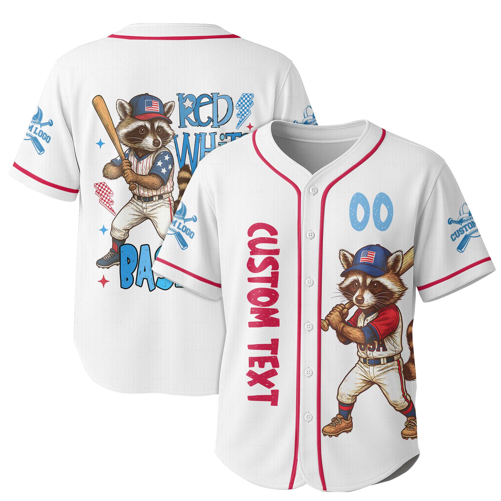 Red White, and Baseball - Racoon Baseball Player White Jersey - Personalized USA Baseball Jersey, Custom 4th of July Independence Day Patriotic