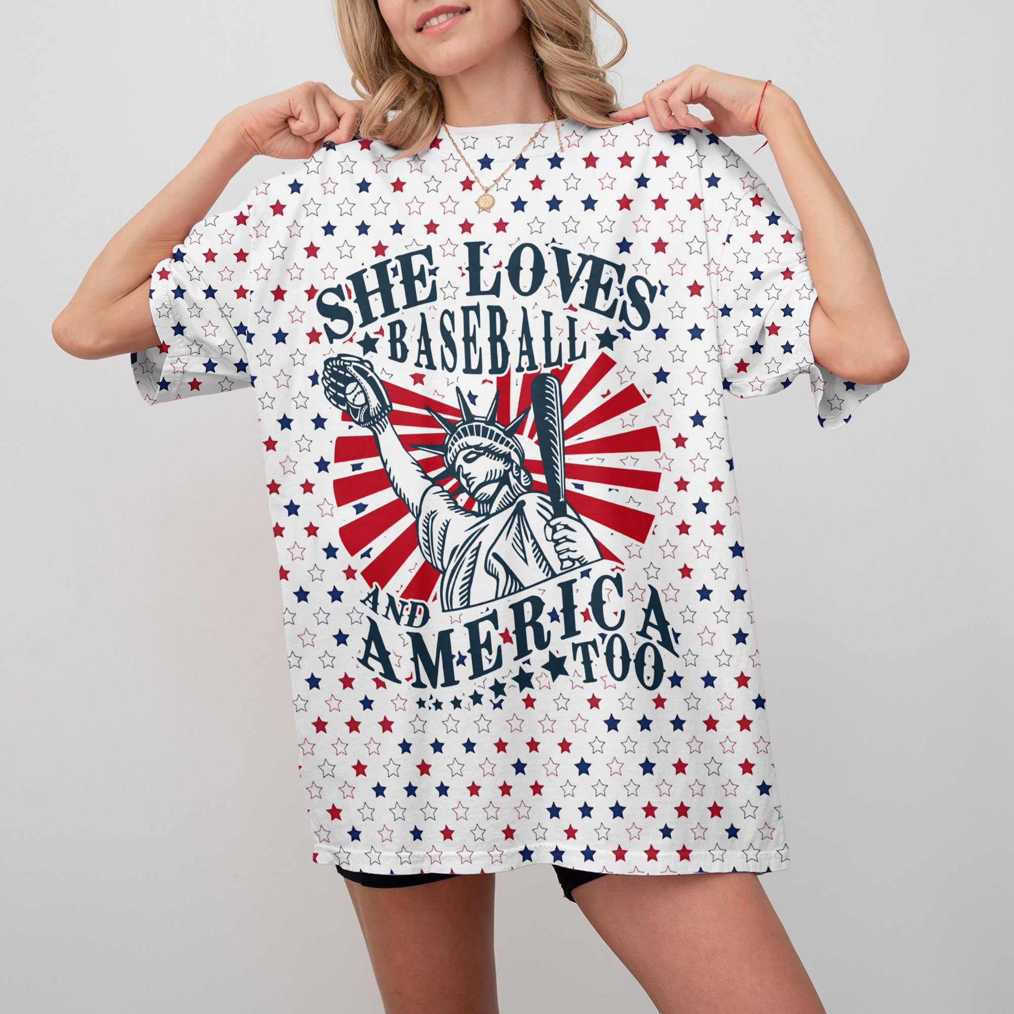 She Loves Baseball And America Too All Over Print Baseball T-Shirt