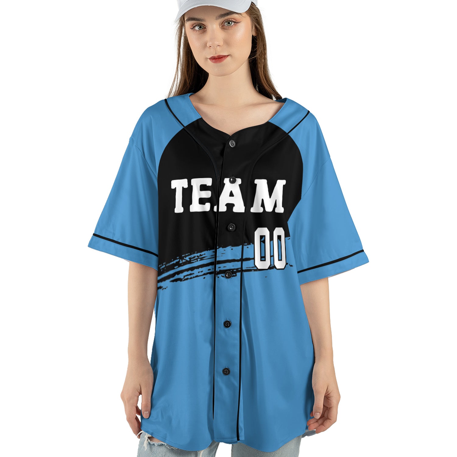 Custom Sky Blue and Black Brushstroke Baseball Jersey