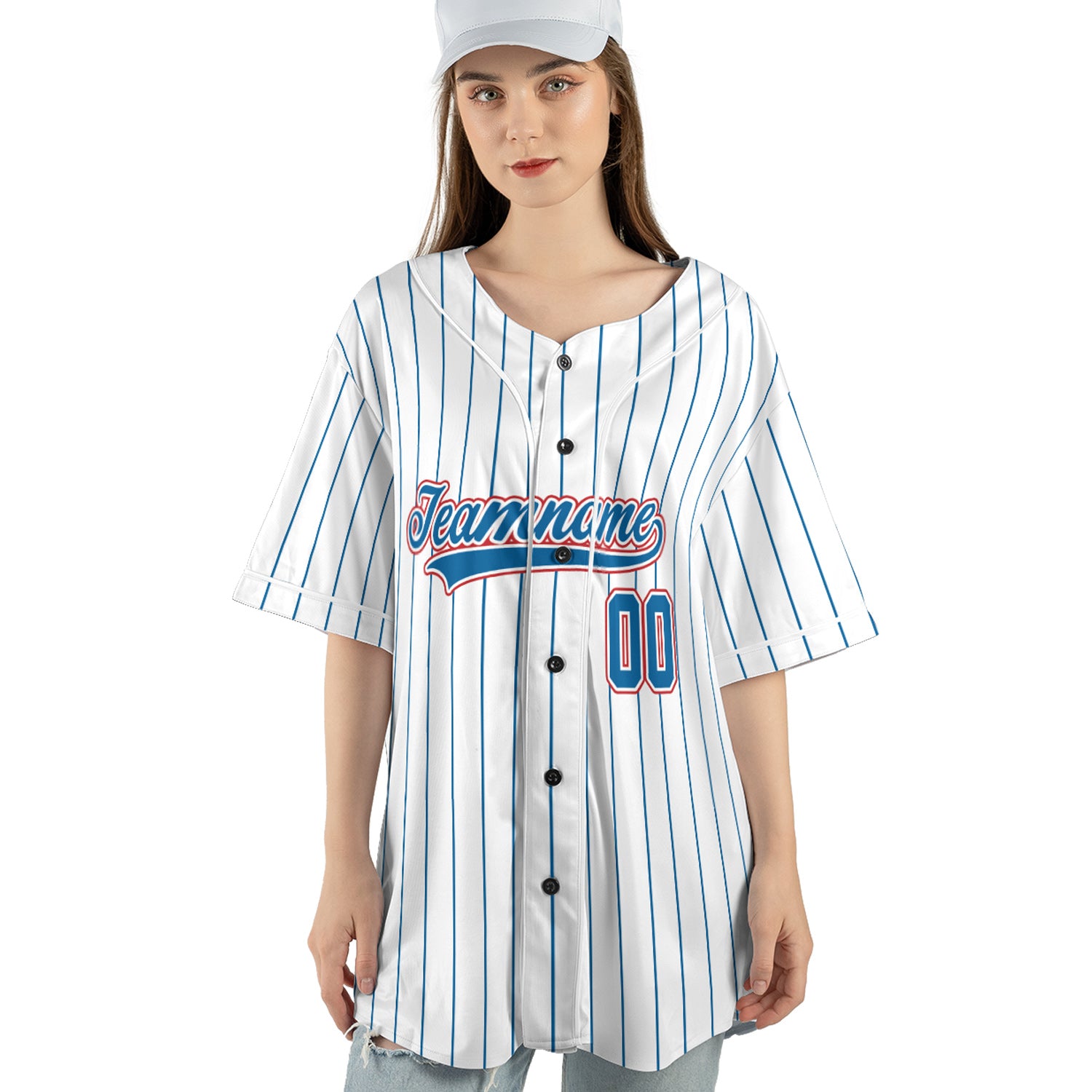 Pinstripe Heat – Custom Name & Logo Jersey with Bold Blue-Red Flair