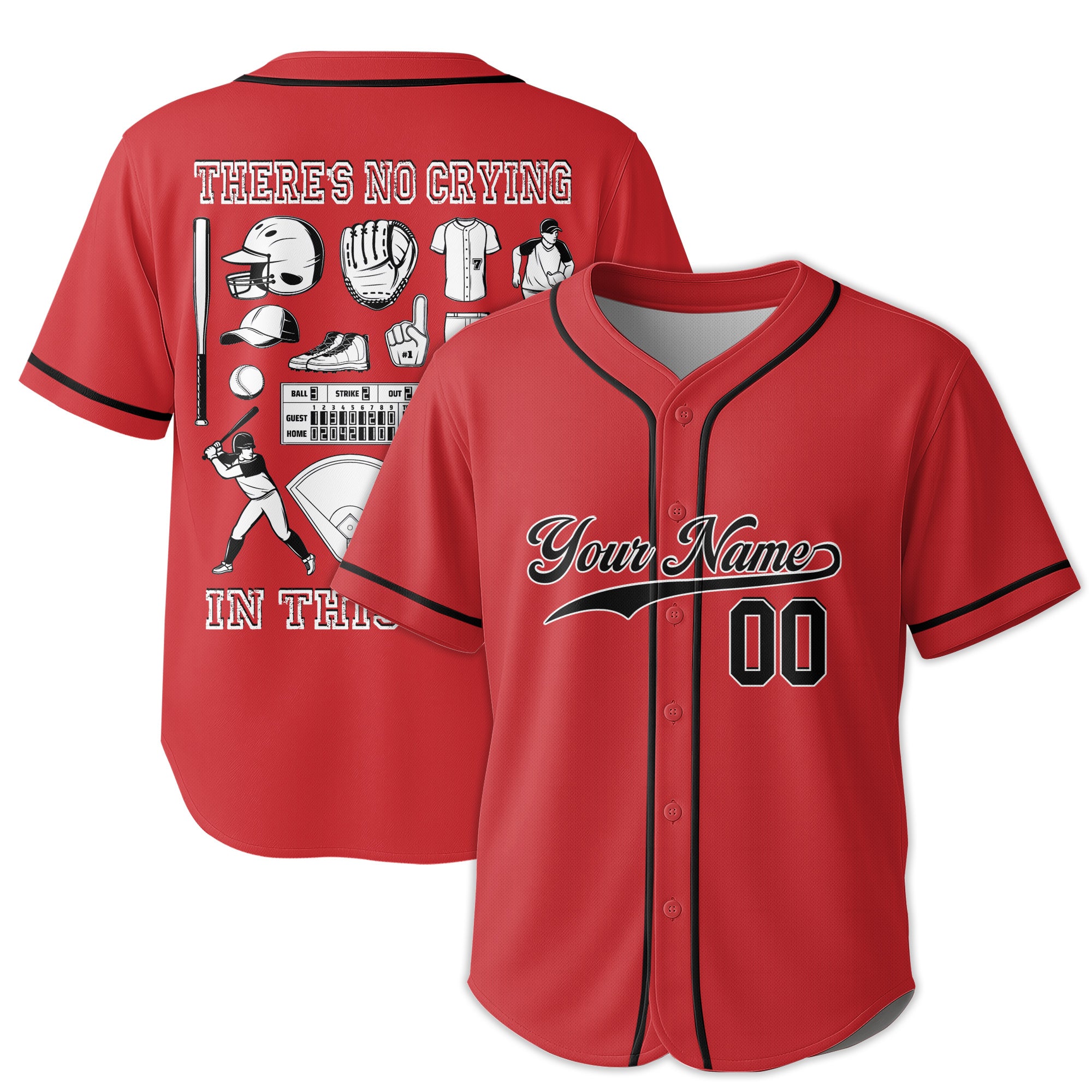 There's No Crying In This Game - Custom Red Black Baseball Jersey
