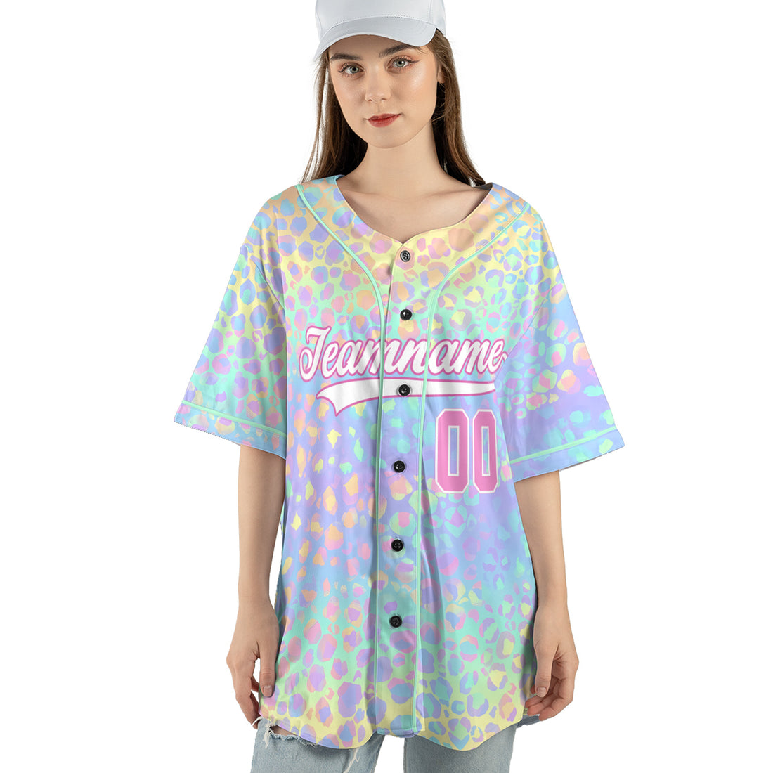 Custom Pastel Leopard Baseball Jersey – Rainbow Wildheart Edition