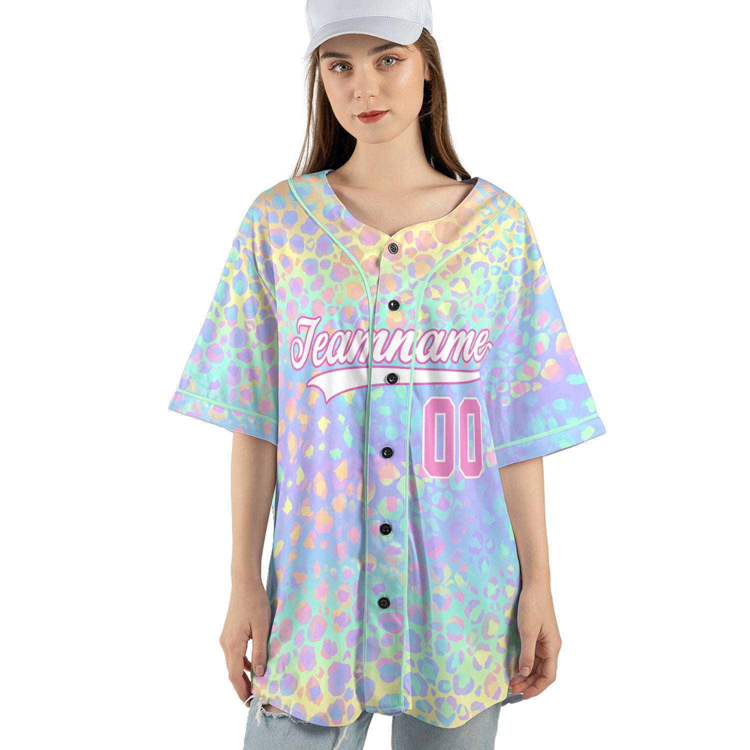 Custom Pastel Leopard Baseball Jersey – Rainbow Wildheart Edition