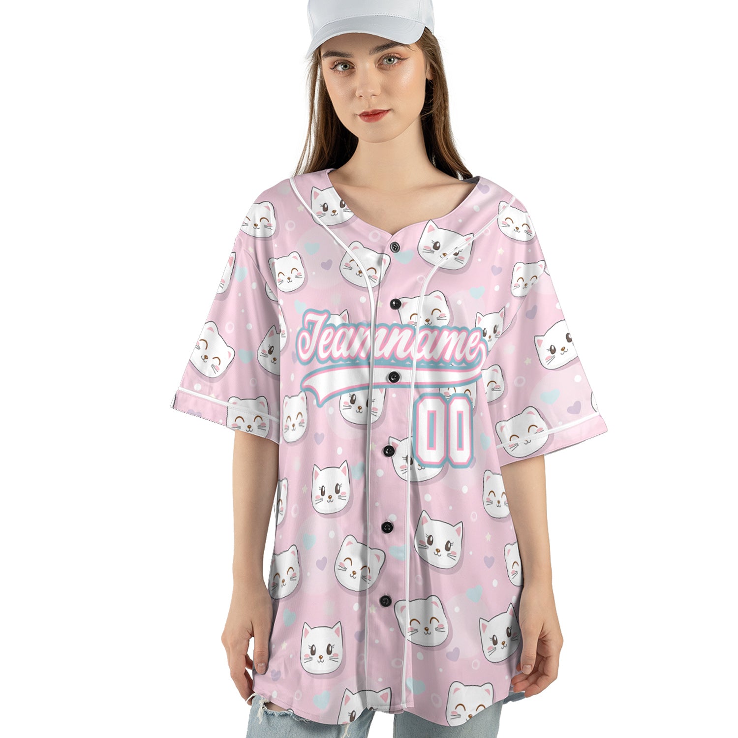Custom Baseball Jersey – Pink Cat Pattern