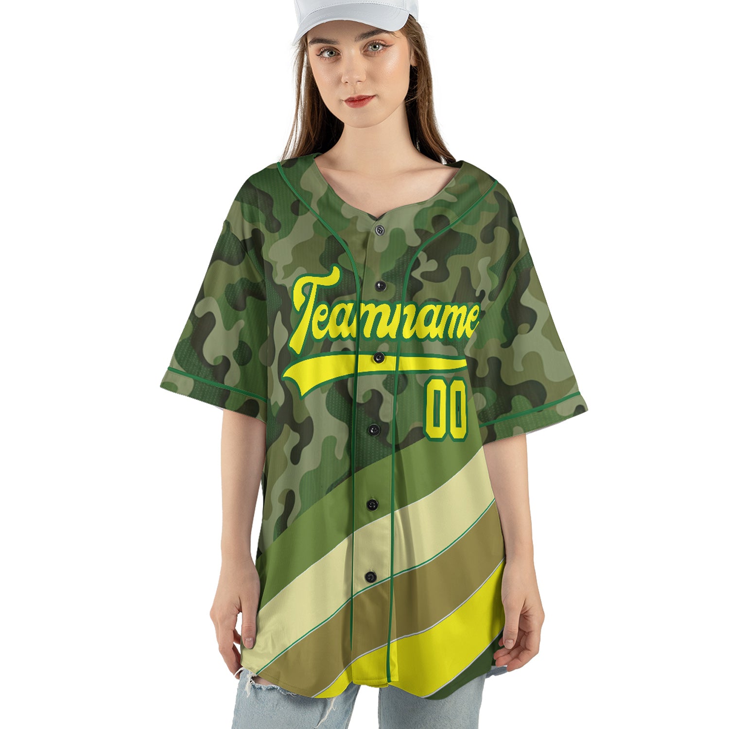 Custom Camo Baseball Jersey with Green-Yellow Stripe Accents